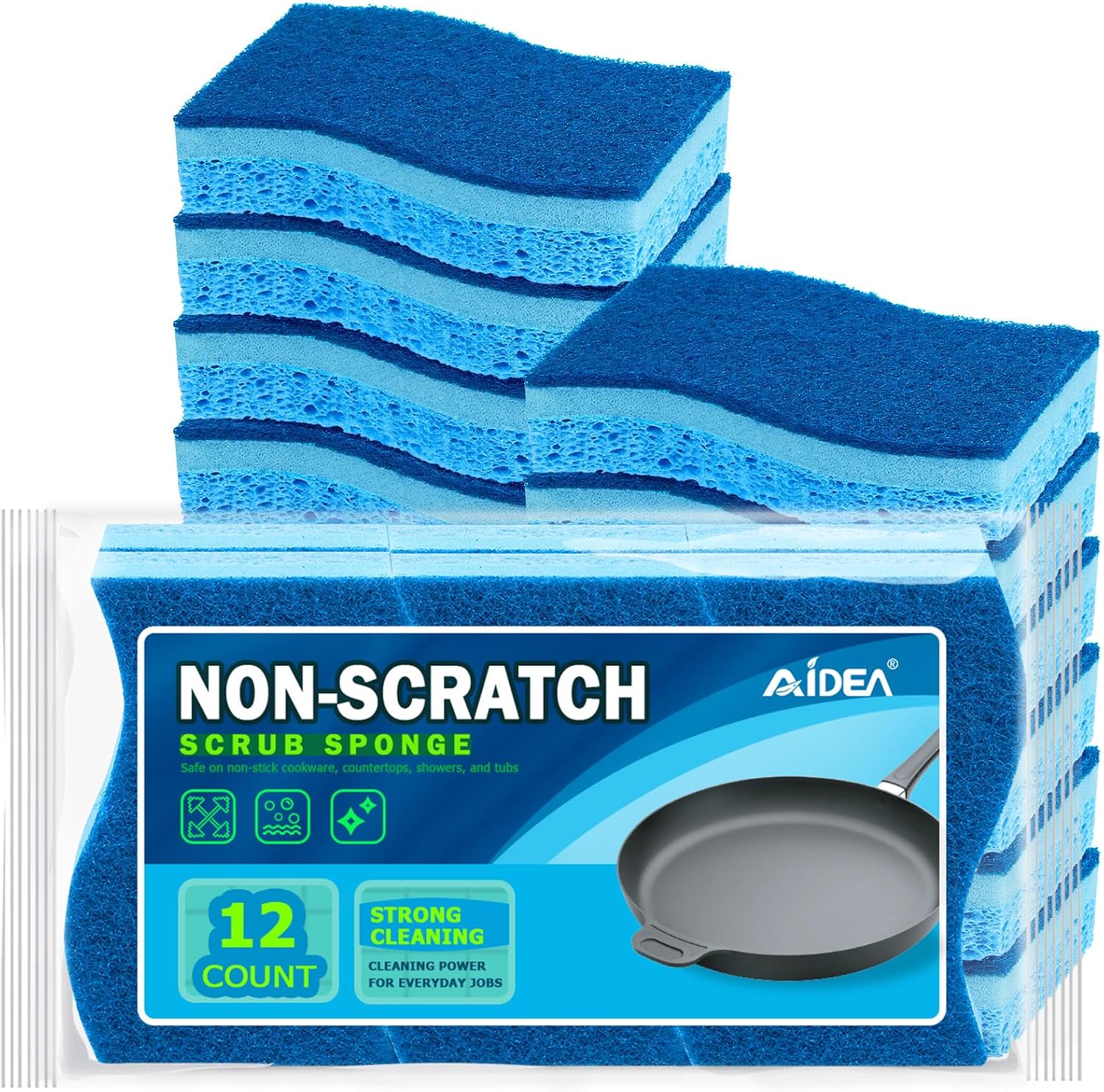 AIDEA Sponges Kitchen, Non-Scratch Scrub Sponge, 12Count, Sponges for Non-Stick Cookware, Kitchen Sponge for Dishes, Cleans Fast Without Scratching, Cleaning Power for Kitchen, Bathroom, Household