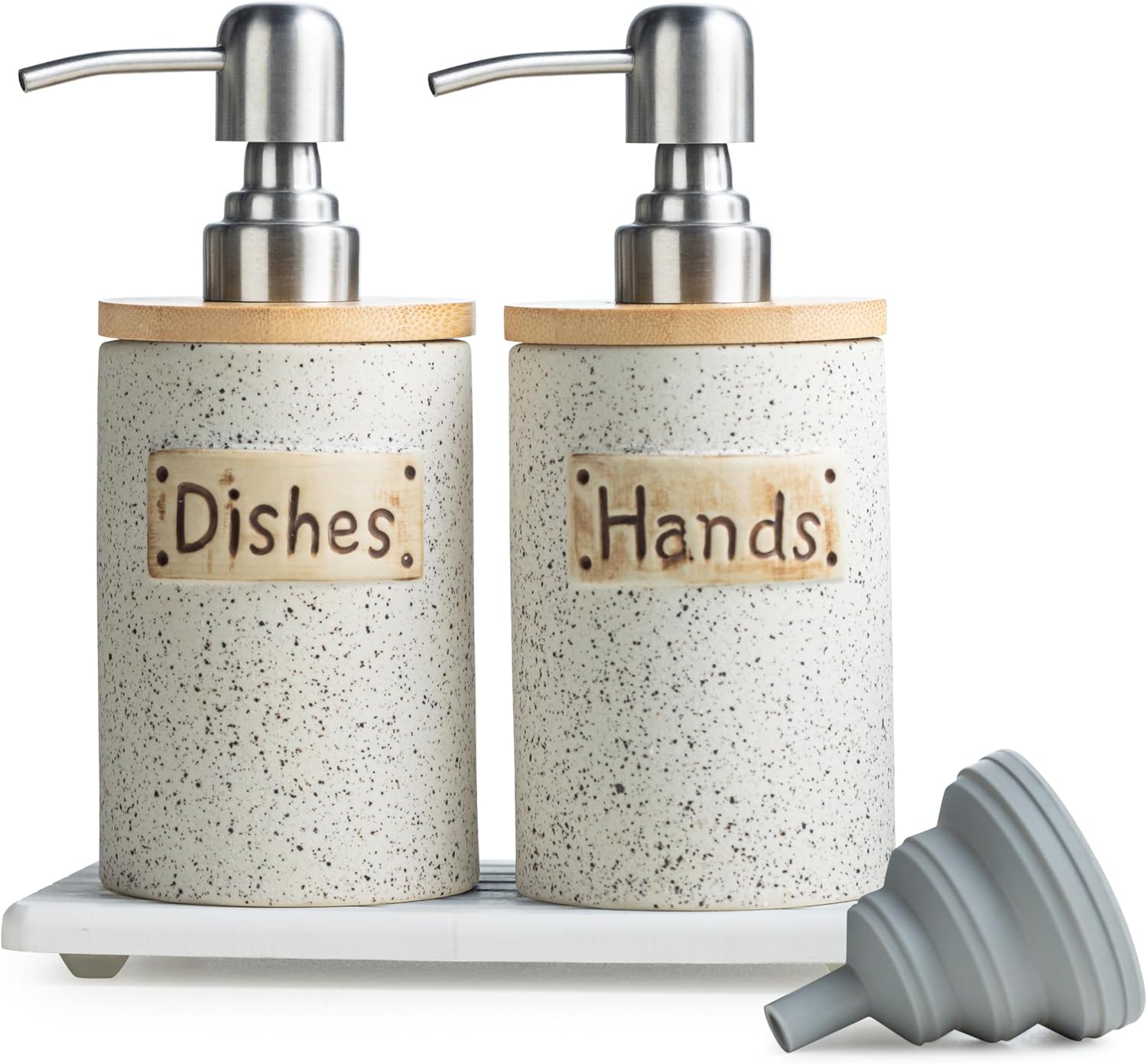 Kitchen Soap Dispenser Set, Ceramic Hand and Dish Soap Dispenser Set with Tray Collapsible Funnel, Hand Soap and Lotion Dispenser for Bathroom, White Bathroom Accessories