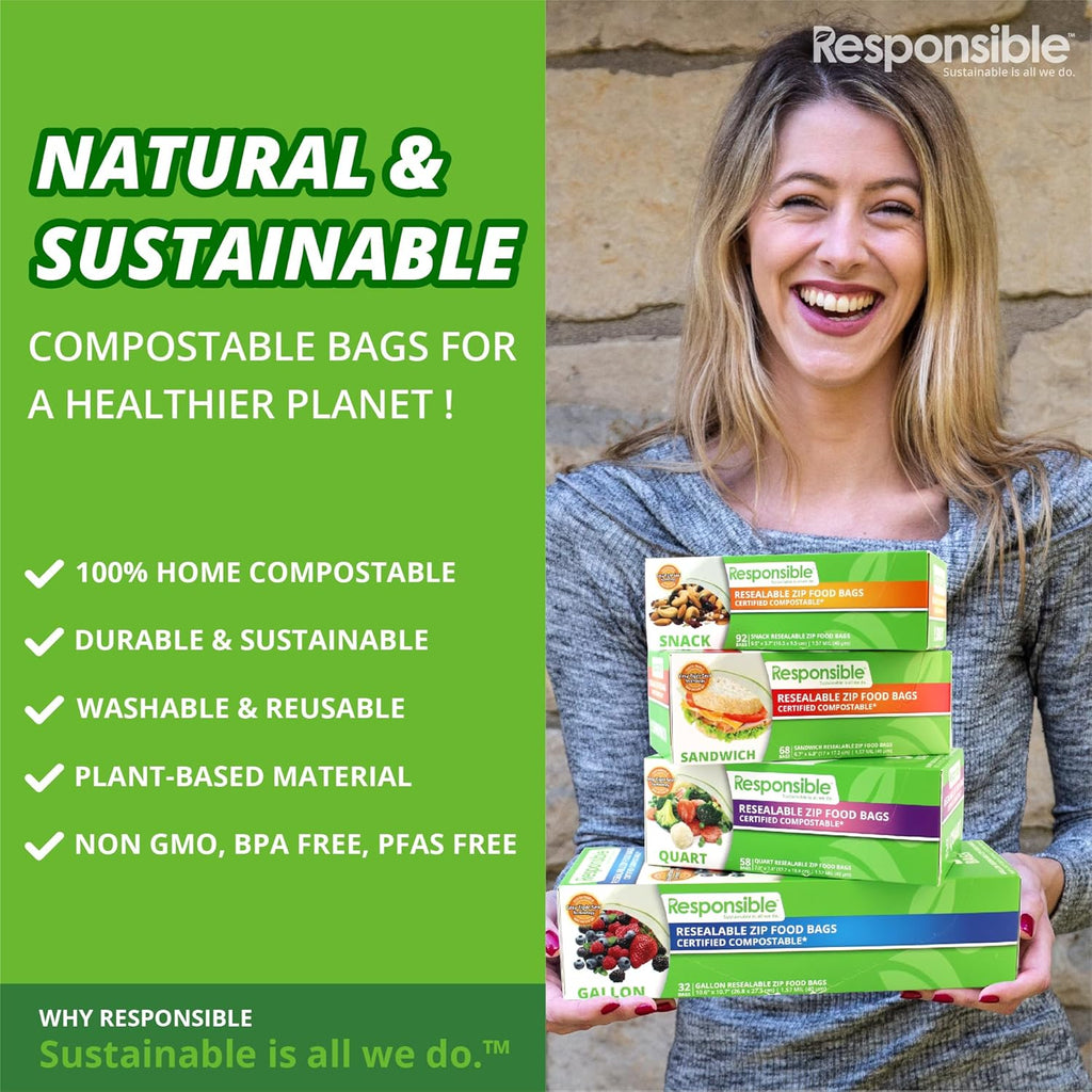 Responsible Products Certified Compostable SNACK Resealable Zip Bag, Extra Strength Food Bags, Plant-Based Freezer-Safe (184 Pack)