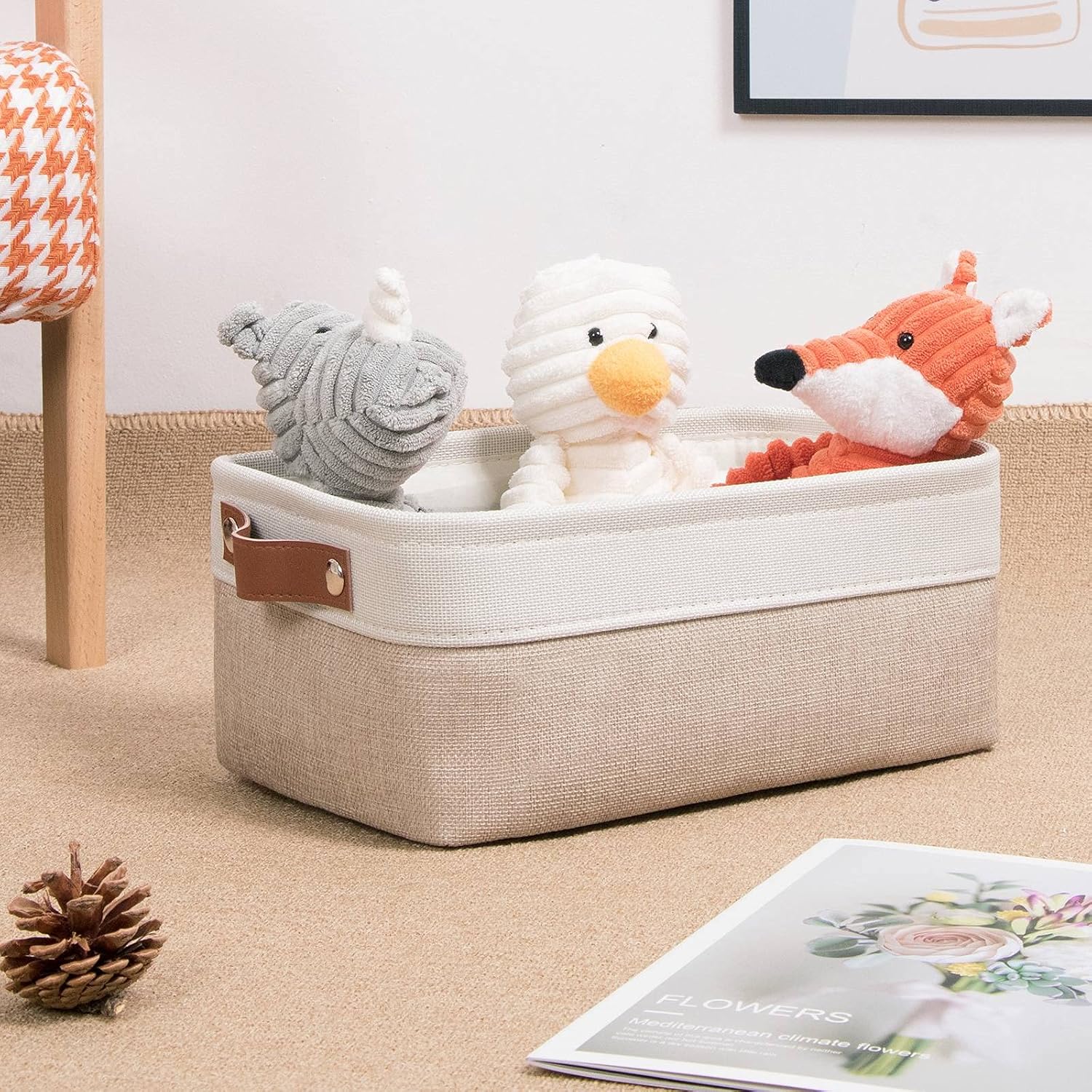 DULLEMELO Small Storage Bins, Storage Baskets for Organizing, Collapsible Rectangular Fabric Baskets for Shelves, Closets, Nursery, Home, Office, Empty Gift Baskets (6-Pack, White&Khaki)