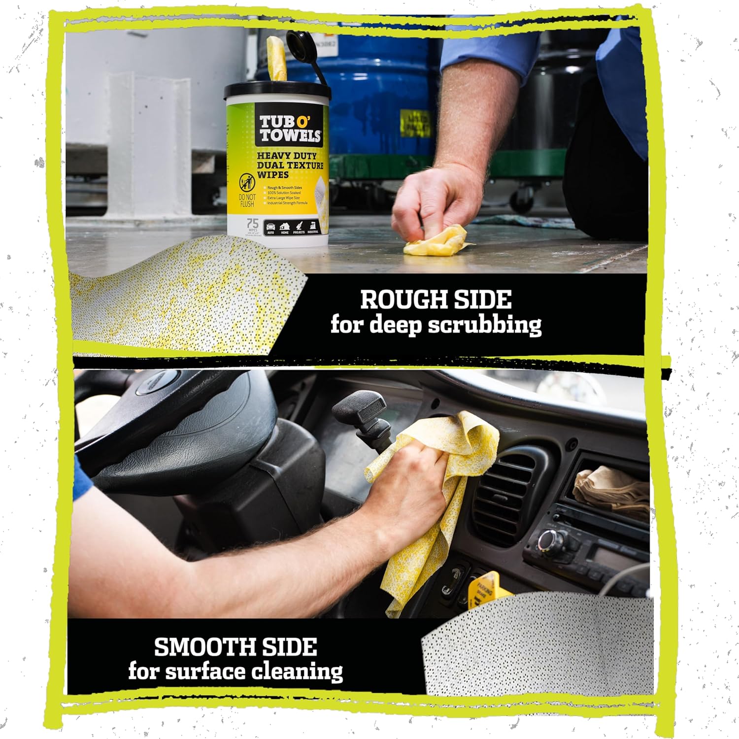 Tub O’ Towels TW75 Heavy-Duty 10" x 12" Size Multi-Surface Cleaning Wipes, Dual Texture, 75 Count Per Canister