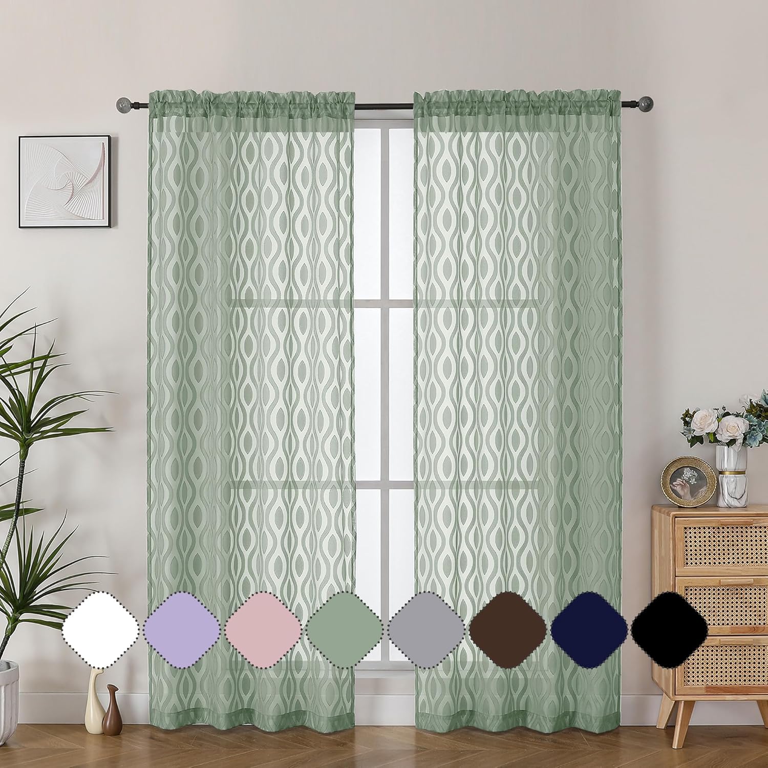 Aiyufeng Green Sheer Curtains 72 Inches Long 2 Panels Set, Lightweight Clip Jacquard Textured Sheer Privacy Curtains for Bedroom Living Room, Classic Wavy Line Design Door Curtains, 40" Wx72 L Inches