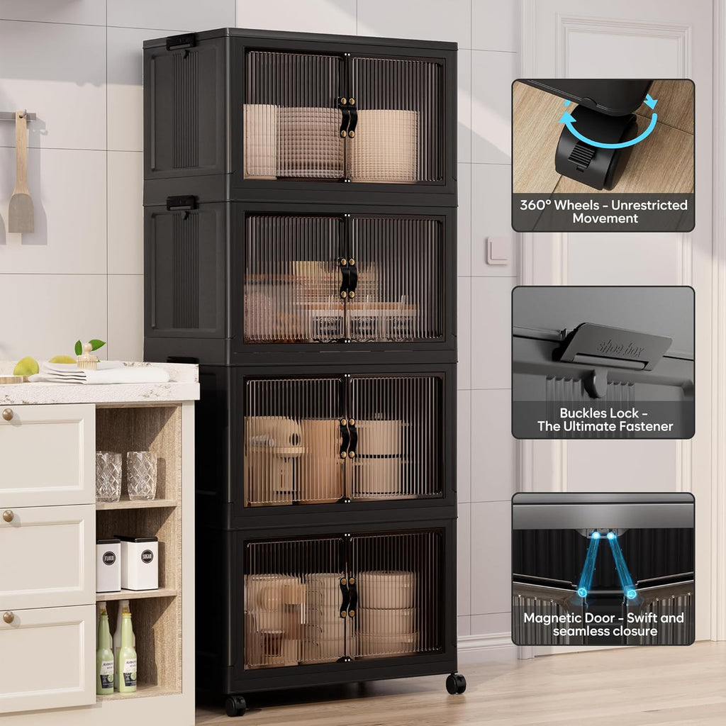 Jalove 50QT Plastic Storage Bins with lids, Stackable Collapsible Storage Containers with Wheels, Closet Organizer and Drawers, Clothes Storage Cabinet for Home Office Garage, 4 Pack Black