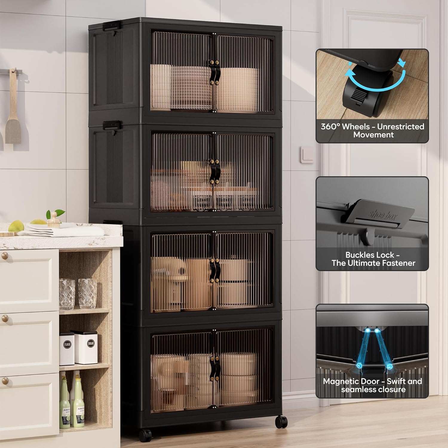 Jalove 50QT Plastic Storage Bins with lids, Stackable Collapsible Storage Containers with Wheels, Closet Organizer and Drawers, Clothes Storage Cabinet for Home Office Garage, 4 Pack Black