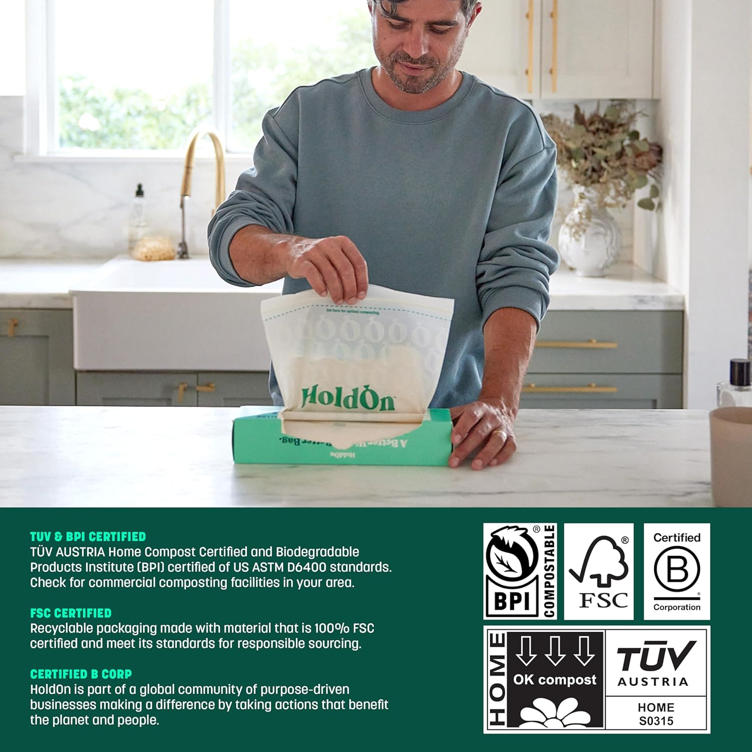 HoldOn HoldOn Zipseal Gallon Bags - Compostable, PFOA-Free, BPA-Free, Food-Safe Zip Seal Food Storage Bags/Freezer-Safe Gallon Bags With Secure Seal for Home & Travel (2-pack, 50 bags total)