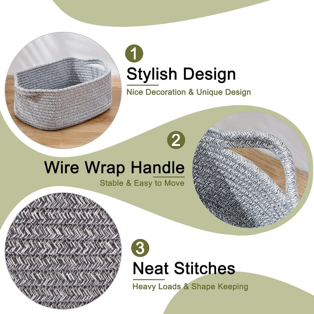 OIAHOMY Cotton Rope Baskets, Woven Baskets for Storage, Nursery Storage Baskets, Rectangle Storage Basket with Handles, Storage Baskets for Shelves, Pack of 3, Gray Variegated