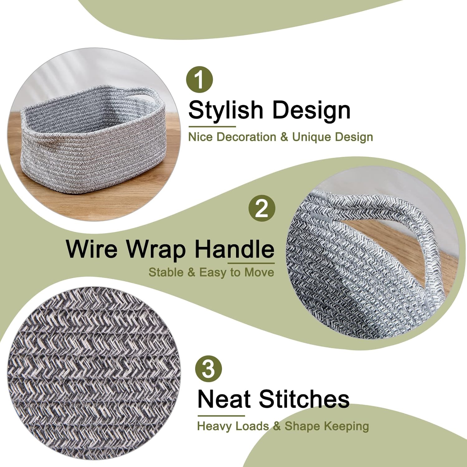 OIAHOMY Cotton Rope Baskets, Woven Baskets for Storage, Nursery Storage Baskets, Rectangle Storage Basket with Handles, Storage Baskets for Shelves, Pack of 3, Gray Variegated