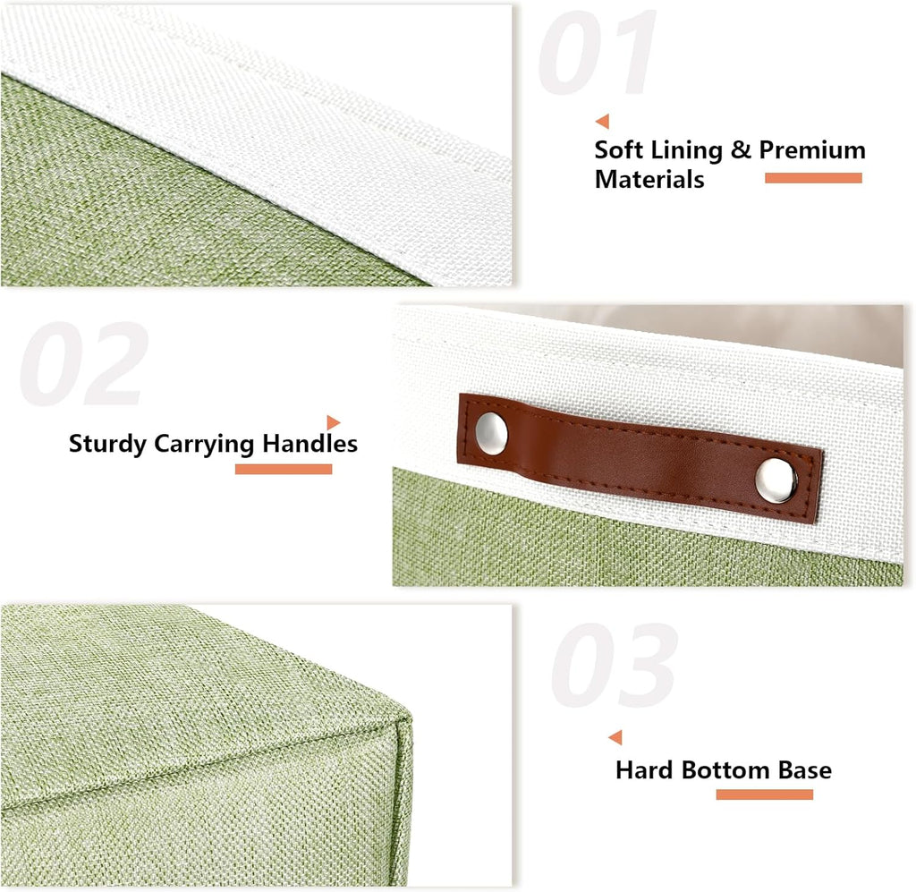 DULLEMELO 16 inch Fabric Storage Basket, Decorative Storage Boxes with Leather Handle for Closet Shelf Nursery, Collapsible Linen Storage Bins for Organizing Toys Book Towel Organizers(White&Green)