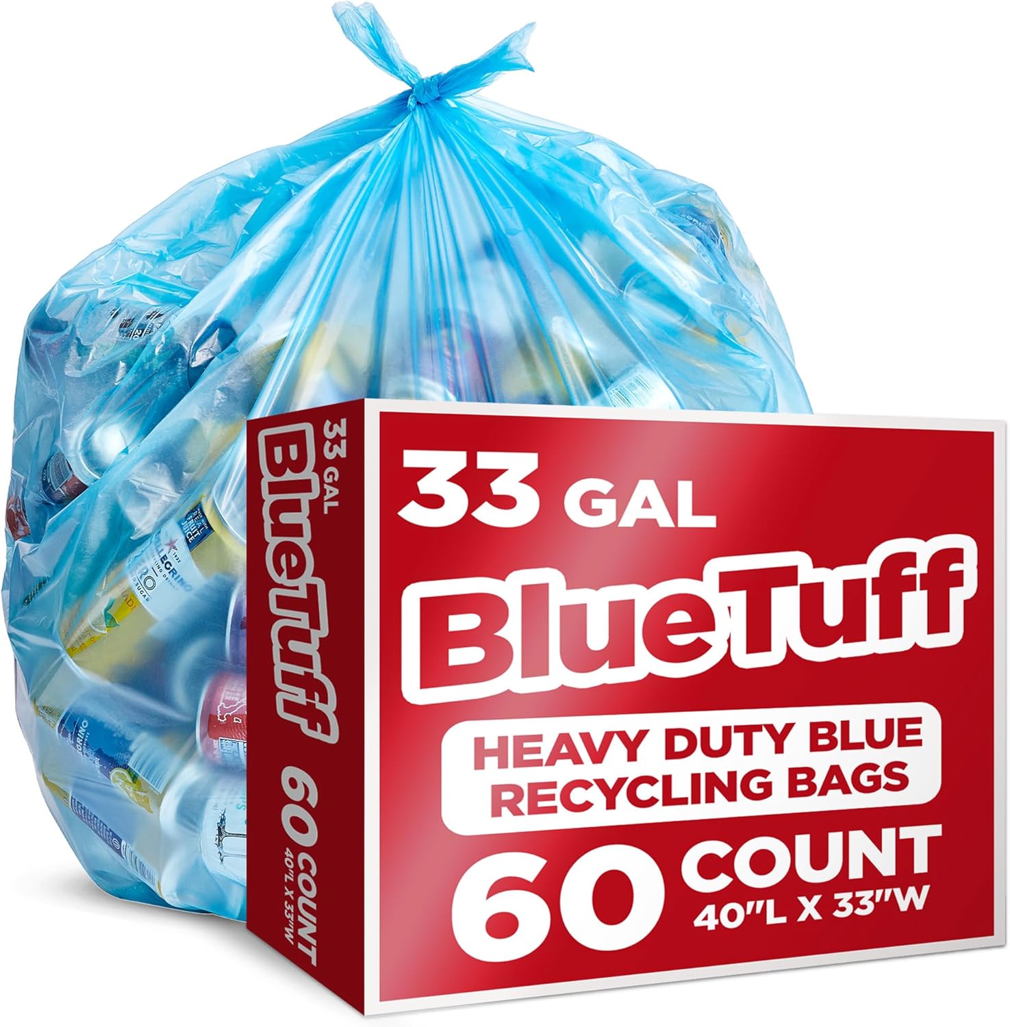 Heavy-Duty Blue Recycling Bags, 60-Pack Blue Garbage Bags For Recycling | 33-Gallon Capacity| Commercial, Industrial or Home Use