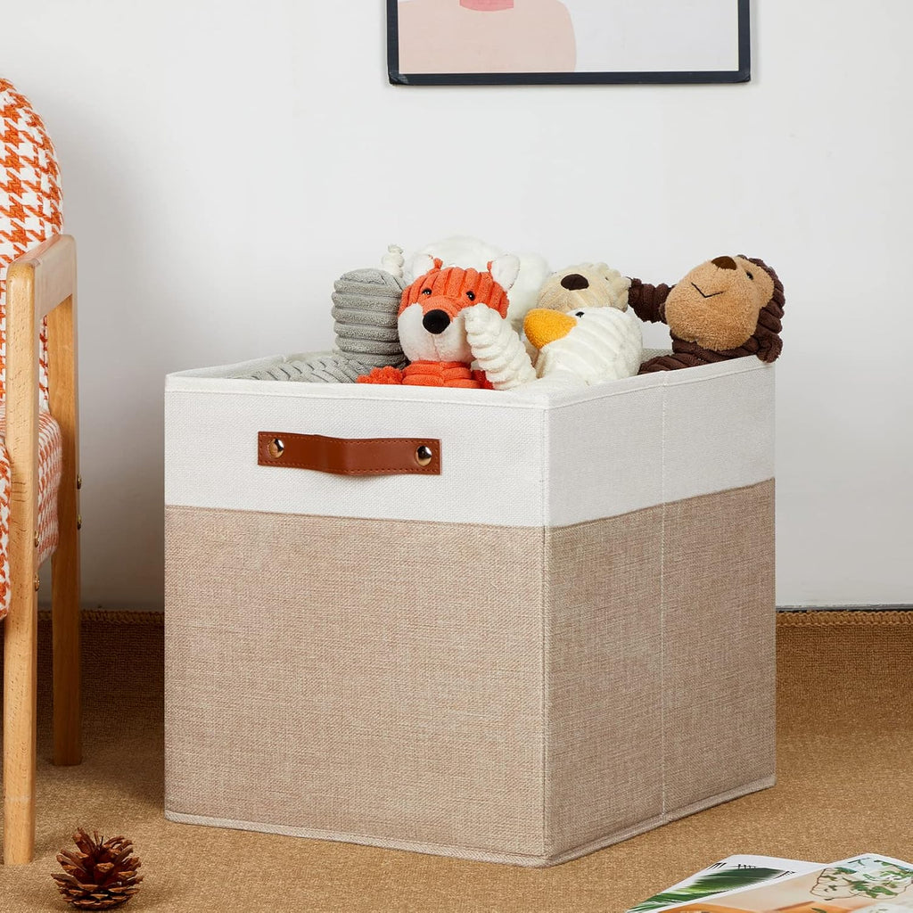 DULLEMELO Cube Storage Bins,13 x 13 x 13 inch Fabric Storage Cubes for Organizing,Collapsible foldable Linen Canvas Closet Storage Bins for Shelves Closet Bedroom Toys Home Office(White&Khaki-4 Pack)