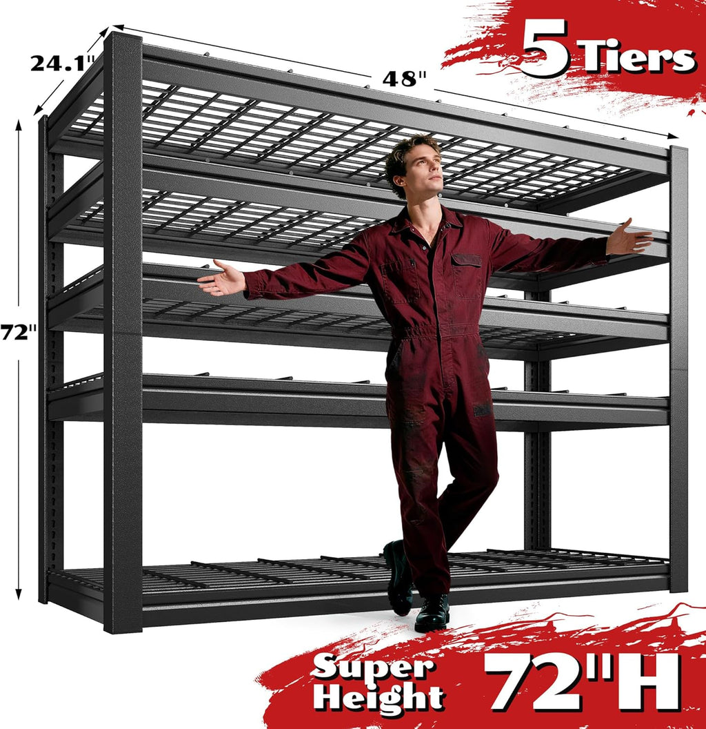 48" W Metal Shelving 5 Tier Garage Shelving 3000LBS Storage Shelves Adjustable Garage Shelves Industrial Metal Shelf for Basement Warehouse Shop Supermarket 48" W x 24.1" D x 72" H
