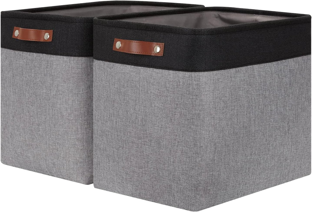 HNZIGE Fabric Storage Baskets Large Cloth Baskets Set of 2, Rectangular Shelf Baskets with Handles for storage, Foldable Tall Baskets for Organizing Linen Closet Organizers(Gray Black)