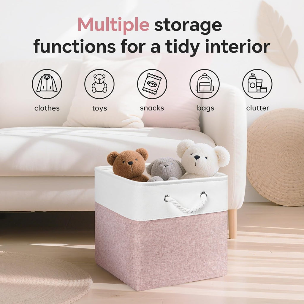 13x13 Inch Cube Storage Bins with Reinforced Bottom Cardboard, 6 Pack Large Collapsible Fabric Storage Cubes with Handles for Shelf, Closet, Toy, Laundry Organization (White&Pink)