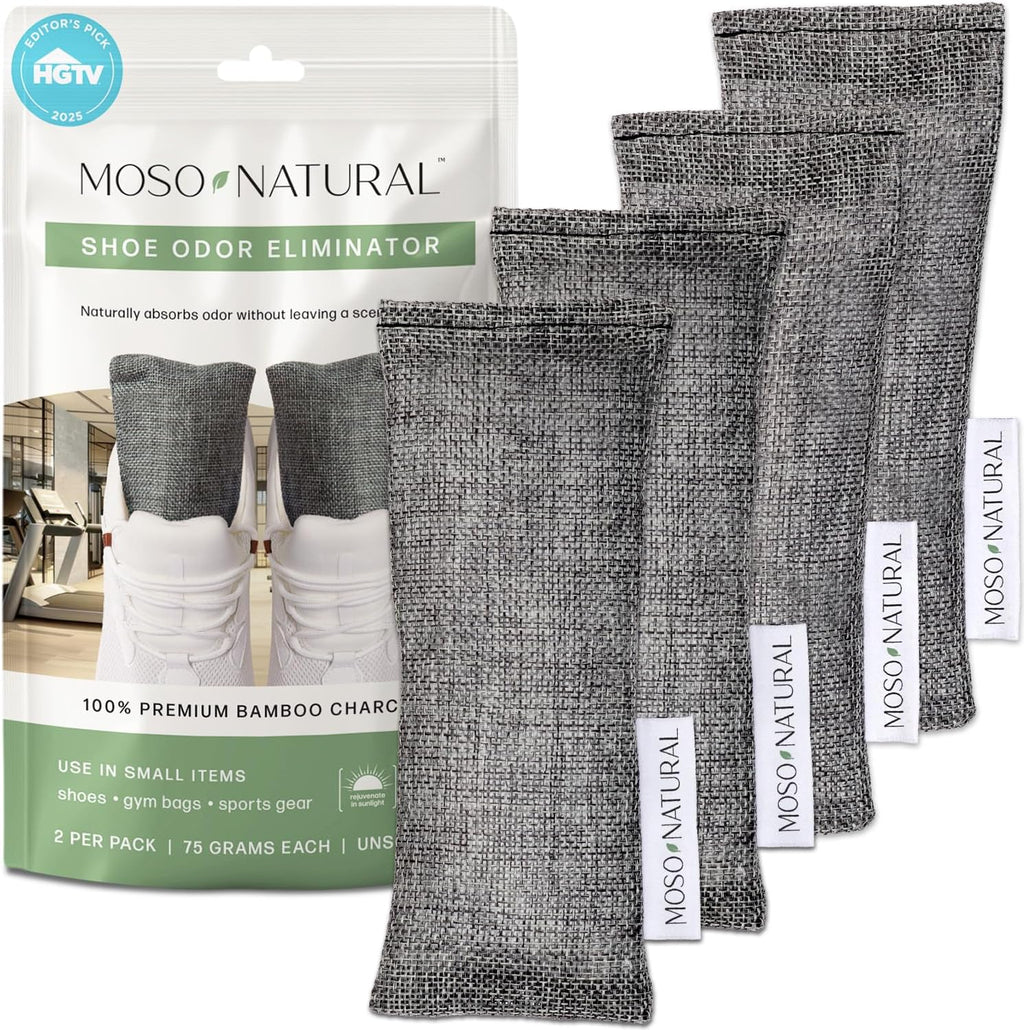 Moso Natural Shoe Deodorizer Inserts, Charcoal Odor Absorber for Shoes, Gym Bag & Boot Deodorizer, Long-Lasting Shoe Odor Elimination, Unscented Air Purifying Bags (Two Per Pack. 4 Total)