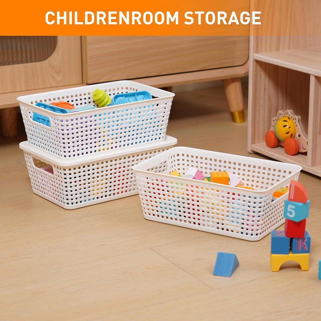 Plastic Storage Baskets With Lid, Storage Bins for Organizing, Stackable Decorative Containers for Shelves Drawers Desktop Closet Playroom Classroom Office, 6 Pack- White