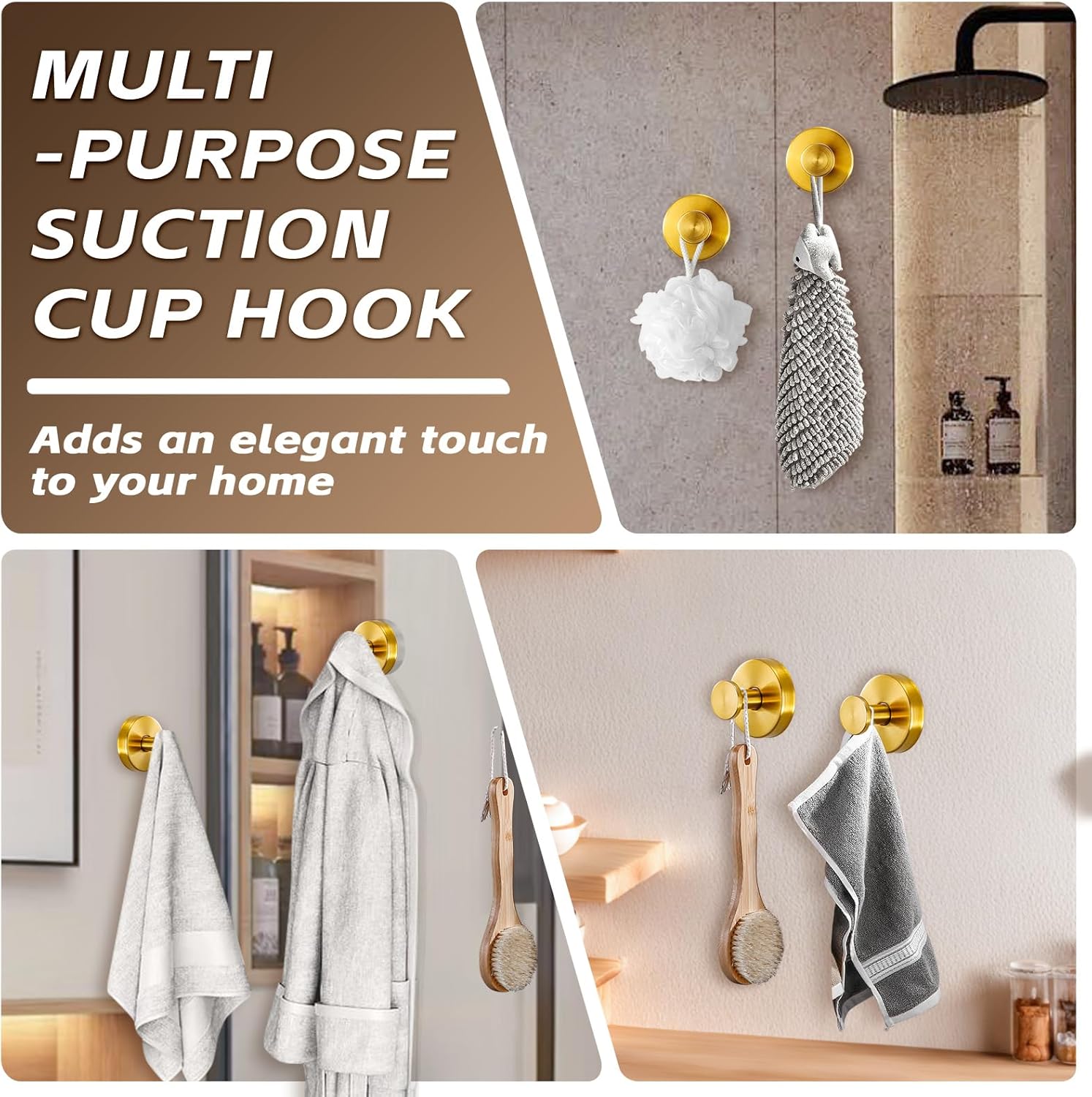 Reusable Heavy Duty Suction Cup Hooks for Kitchen/Bathroom/Shower - Wet-Proof Hooks for Towels, Robes, Loofah&Wreaths/No Drill Mounting on Glass, Tile, Metal (4, Brushed Gold)