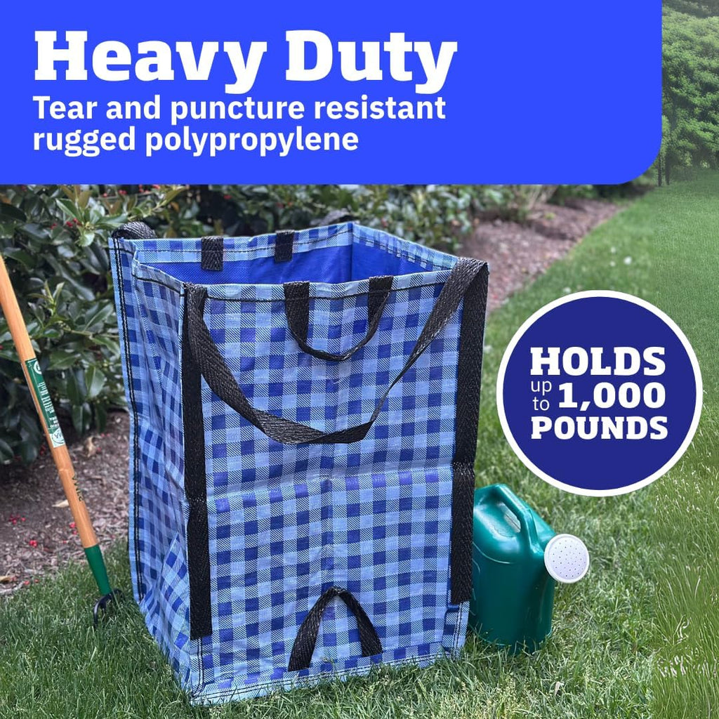 DURASACK Heavy Duty Home and Yard Bags 48-Gallon Reusable Self-Standing Lawn and Leaf Bags Garbage Can with Reinforced Handles, Gingham Blue, 3 Pack