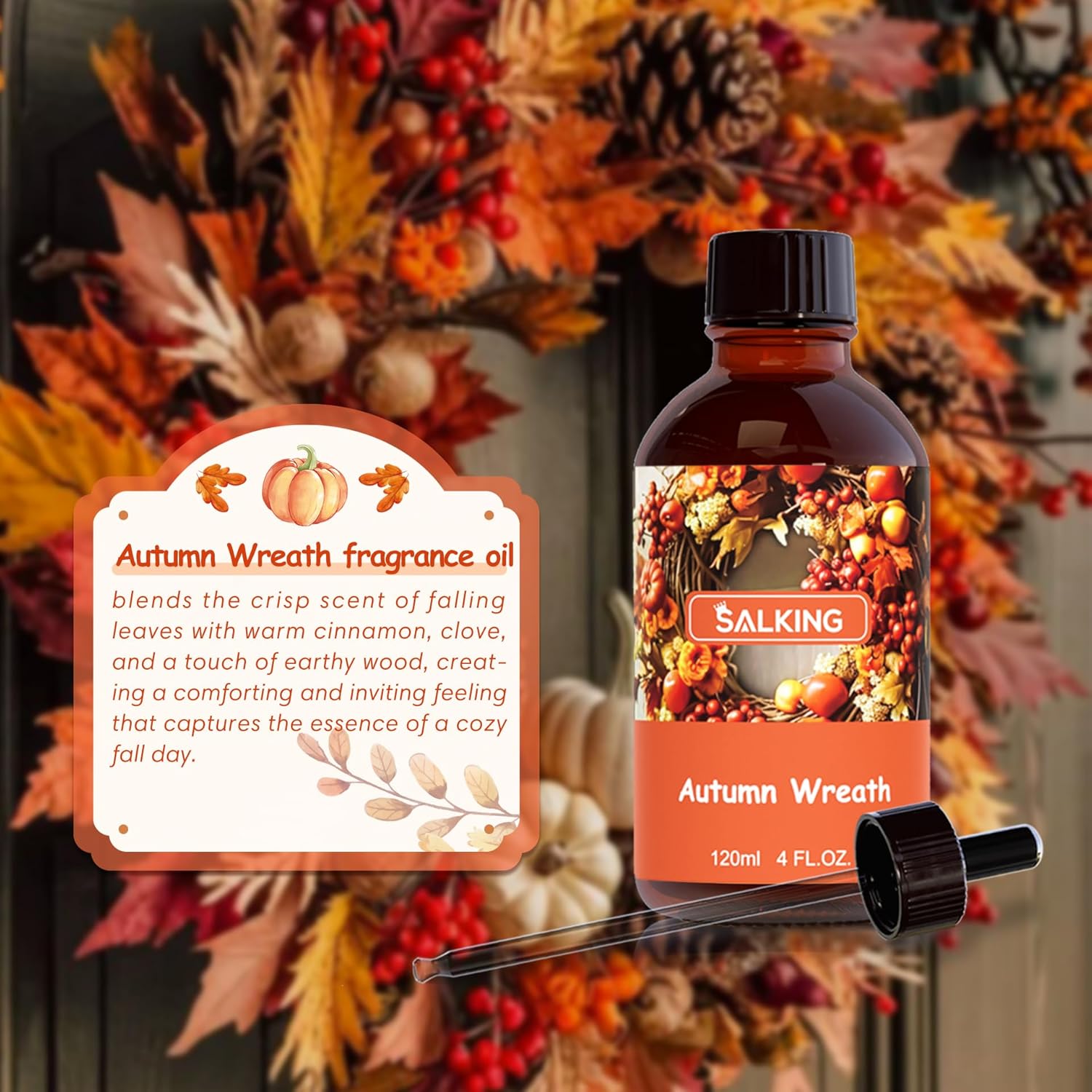 SALKING Autumn Wreath Fragrance Oil, 120ml (4 Fl Oz) Premium Essential Oils for Diffuser, Candle Scents for Candle Making, Soap Making Supplies, Autumn Diffuser Oil, Halloween Thanksgiving Gift
