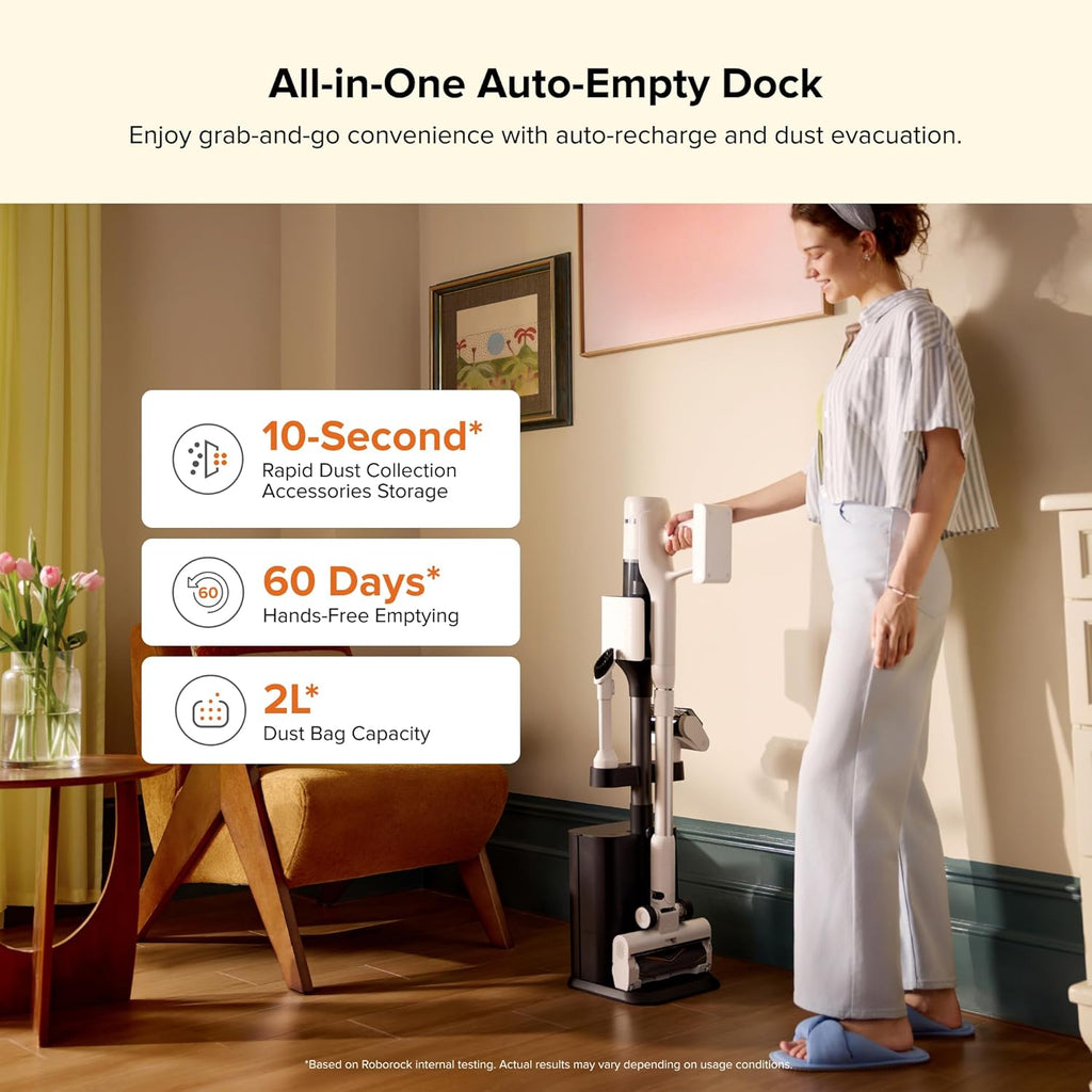 roborock H60 Hub Cordless Stick Vacuum Cleaner with Auto-Empty Dock, 115AW Suction for Carpets and Hard Floors, Vacuum Cleaners with 60-Min Runtime, Anti-Tangle Brush, 140° Green LED Dust Detection