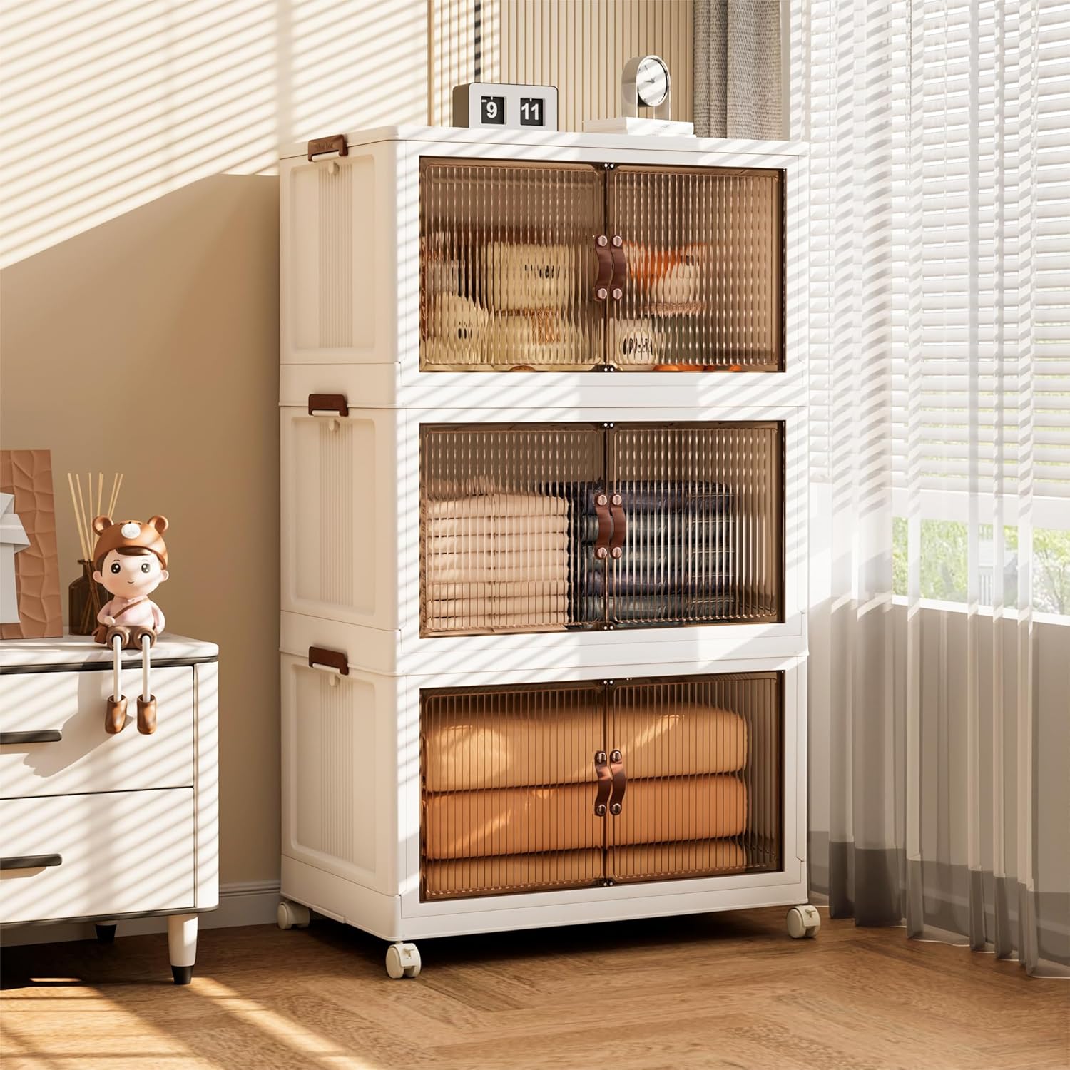 Jalove 88QT Plastic Storage Bins with lids, Stackable Collapsible Storage Containers with Wheels, Closet Organizer and Storage Drawers, Clothes Storage Cabinet for Home Office Garage, 1 Pack White