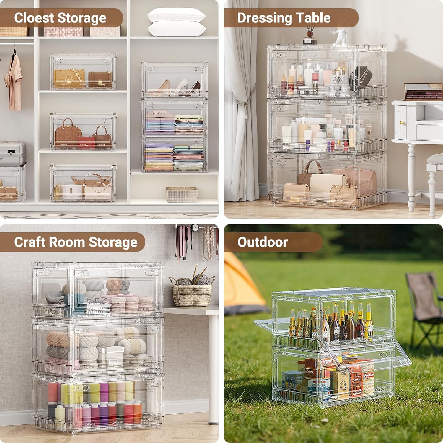BROVIEW Clear Stackable Storage Bins Drawers, Open Front Large Plastic Storage Bins with Lids, Foldable Closet Organizers and Storage for Wardrobe Cabinets, Pantry, Makeup,2 Pack