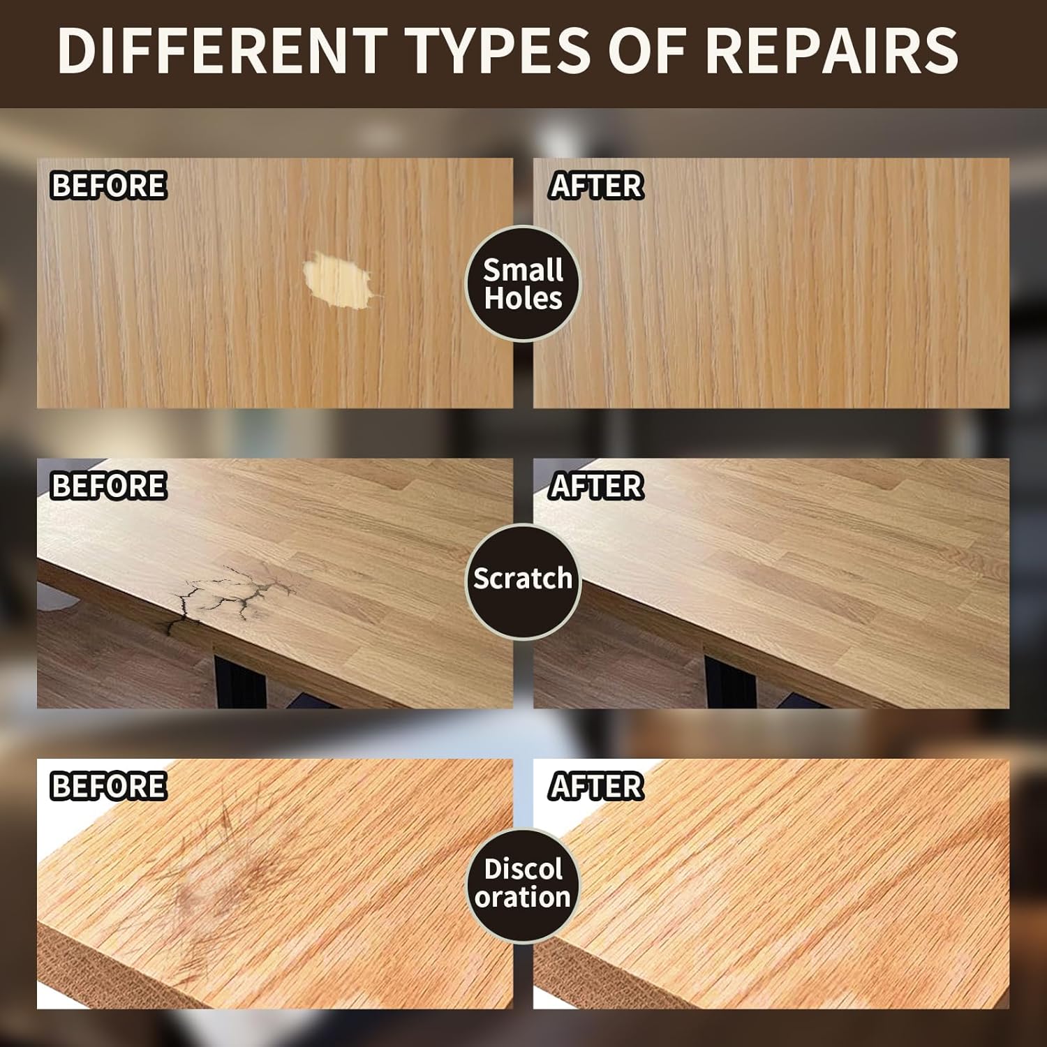 Wood Repair Kit, 13Pcs Wood Filler Repair kit, Wood Scratch Repair for Wooden Furniture, Floor, Table, Door, Cabinet Discoloration, Wood Touch Up Fillers, Wood Stain Paint, Oak