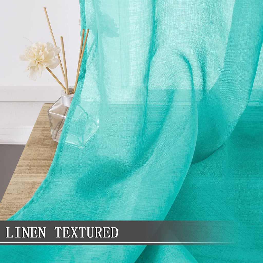 Tollpiz Short Sheer Curtain Linen Textured Living Room Curtains Sheer Light Filtering Rod Pocket Voile Curtain for Bedroom, 42 x 54 inches Long, Aqua Blue, Set of 2 Panels