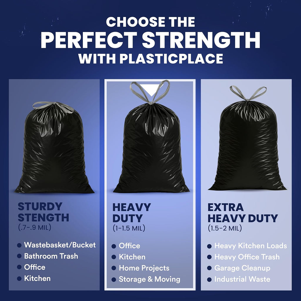Plasticplace W13DSBKJR 13 Gallon Trash Bags │ 1.2 Mil │ (50 Count) Black Extra Tall Garbage Can Liners │ 24” x 31”