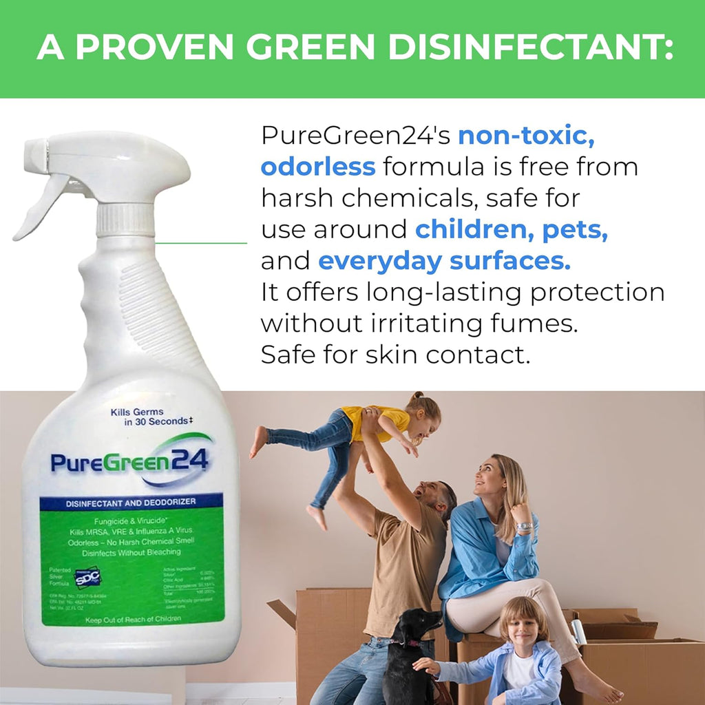 PureGreen24 Safe & Effective Disinfectant. Kills Deadly Germs including RSV Norovirus MRSA Staph 2025 flu Bird Flu Contains No Toxic Chemicals Odorless Child & Pet Safe (4) 32oz Spray Bottles