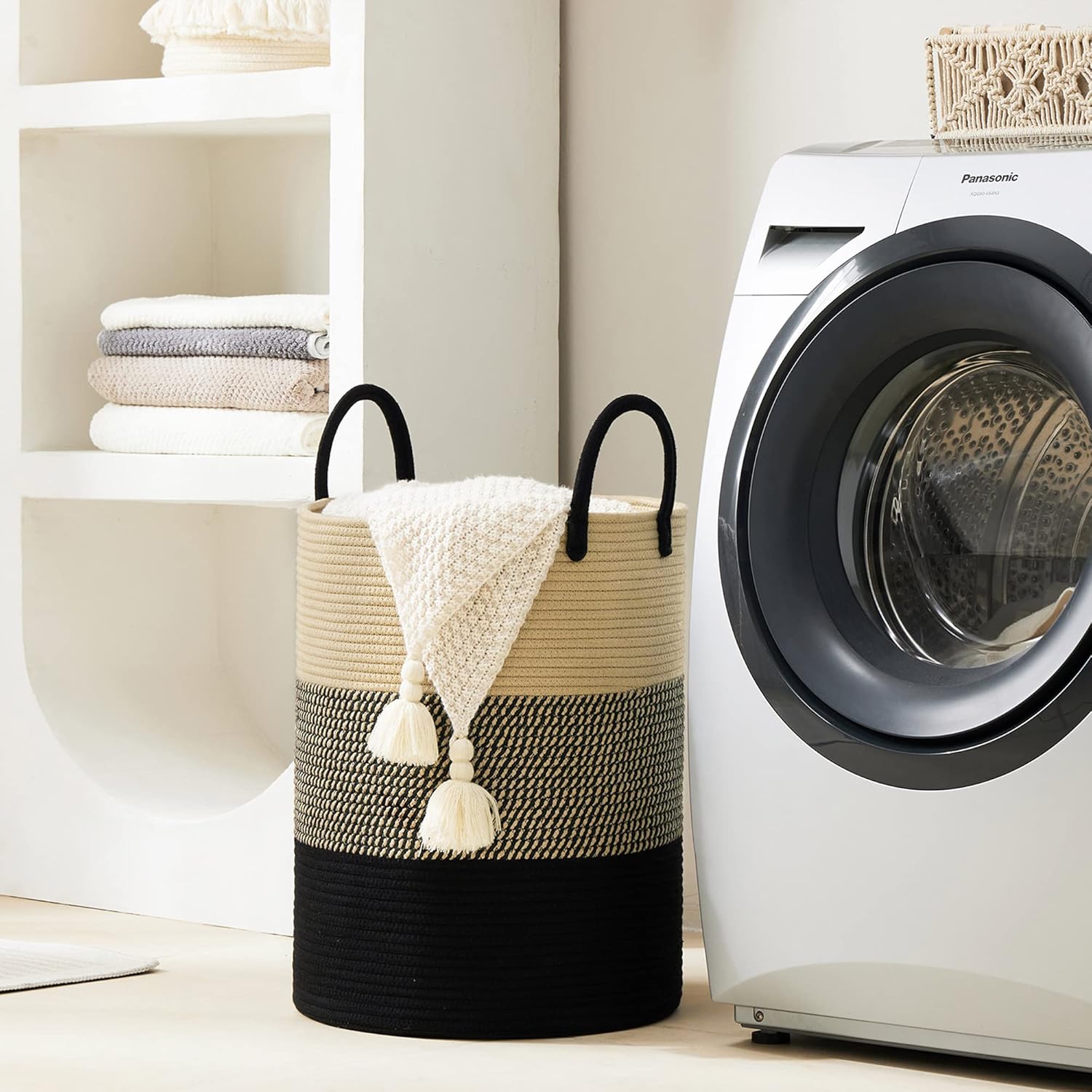 YOUDENOVA Woven Rope Laundry Hamper Basket, 72L Tall Luandry Basket, Baby Nursery Hamper for Blanket Storage, Clothes Hamper for Laundry in Bedroom-Large-Black & Brown