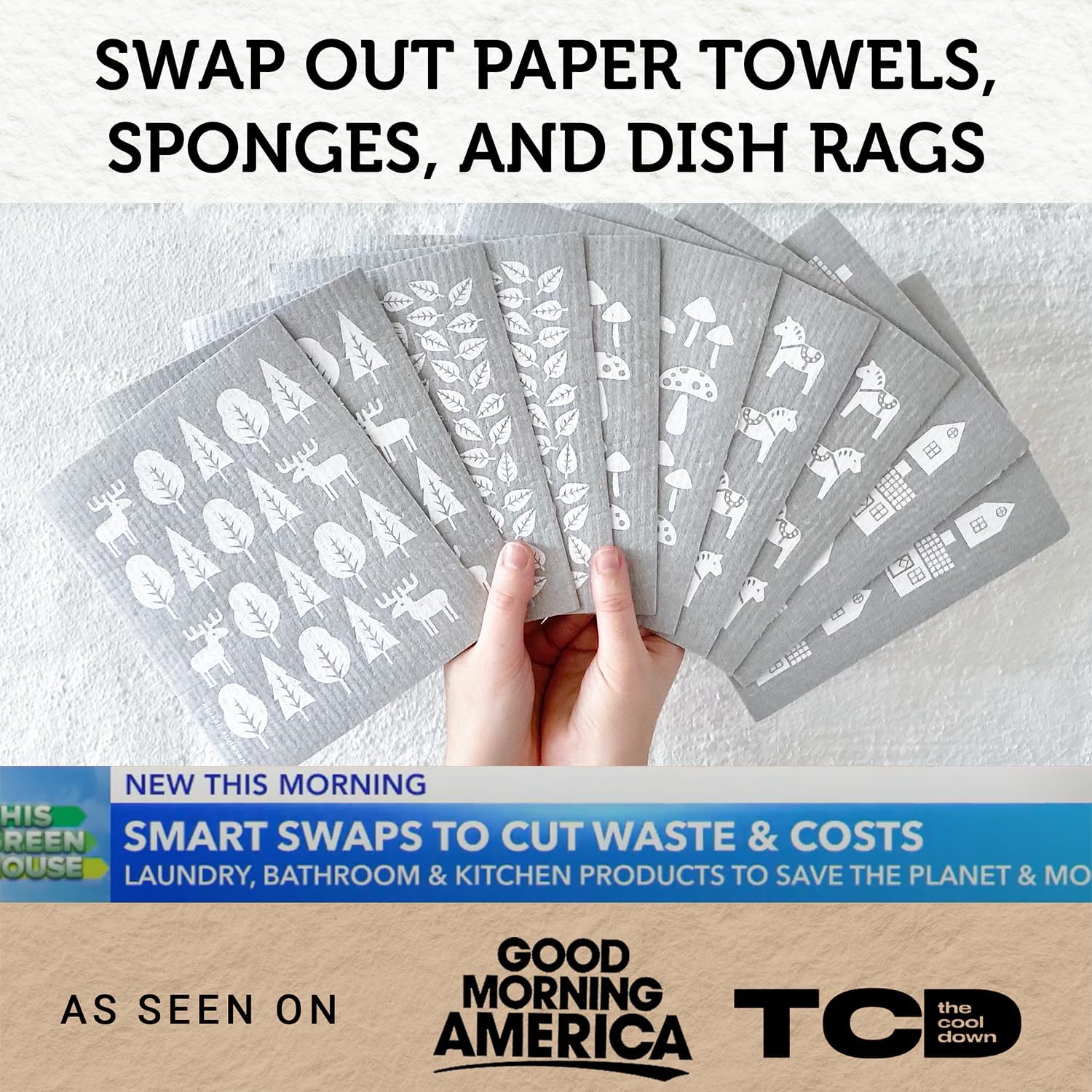 Nordhus Design Swedish Dishcloths,10 Grey Cloths, Made in Sweden - Reusable, Washable Cellulose Cotton Kitchen Cloths - Replace Paper Towels, Wipes, Sponges, Dish Rags