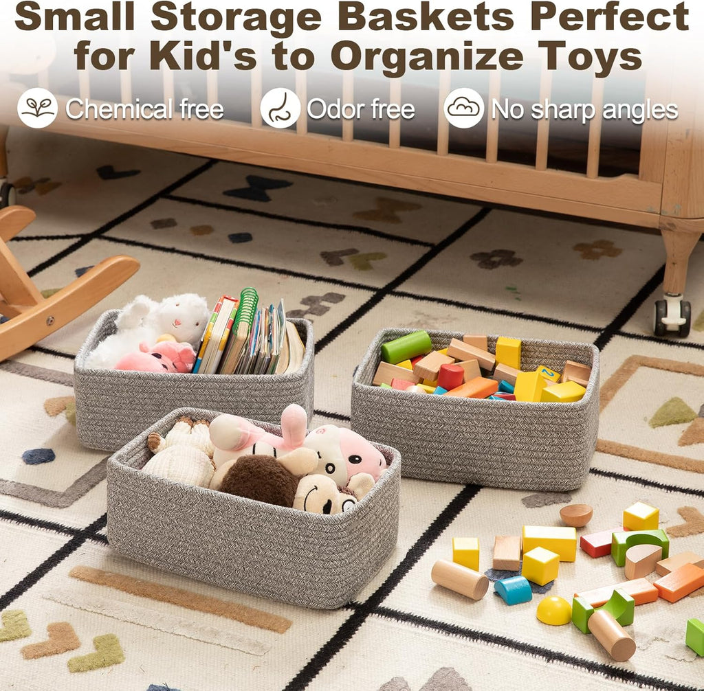 3 Pack Small Storage Baskets for Organizing, Cute Woven Decorative Gift Baskets for Shelves, Mini Closet Organizer Bins with Handles, 11.81''Lx7.87''Wx4.72''H-Grey
