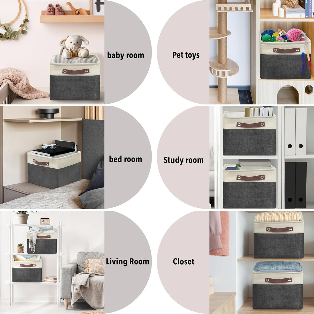 SIMPLE HOUSEWARE Large Fabric Storage Bin, 15" x 11" with Leather Like Handles, 3 Pack, Dark Gray