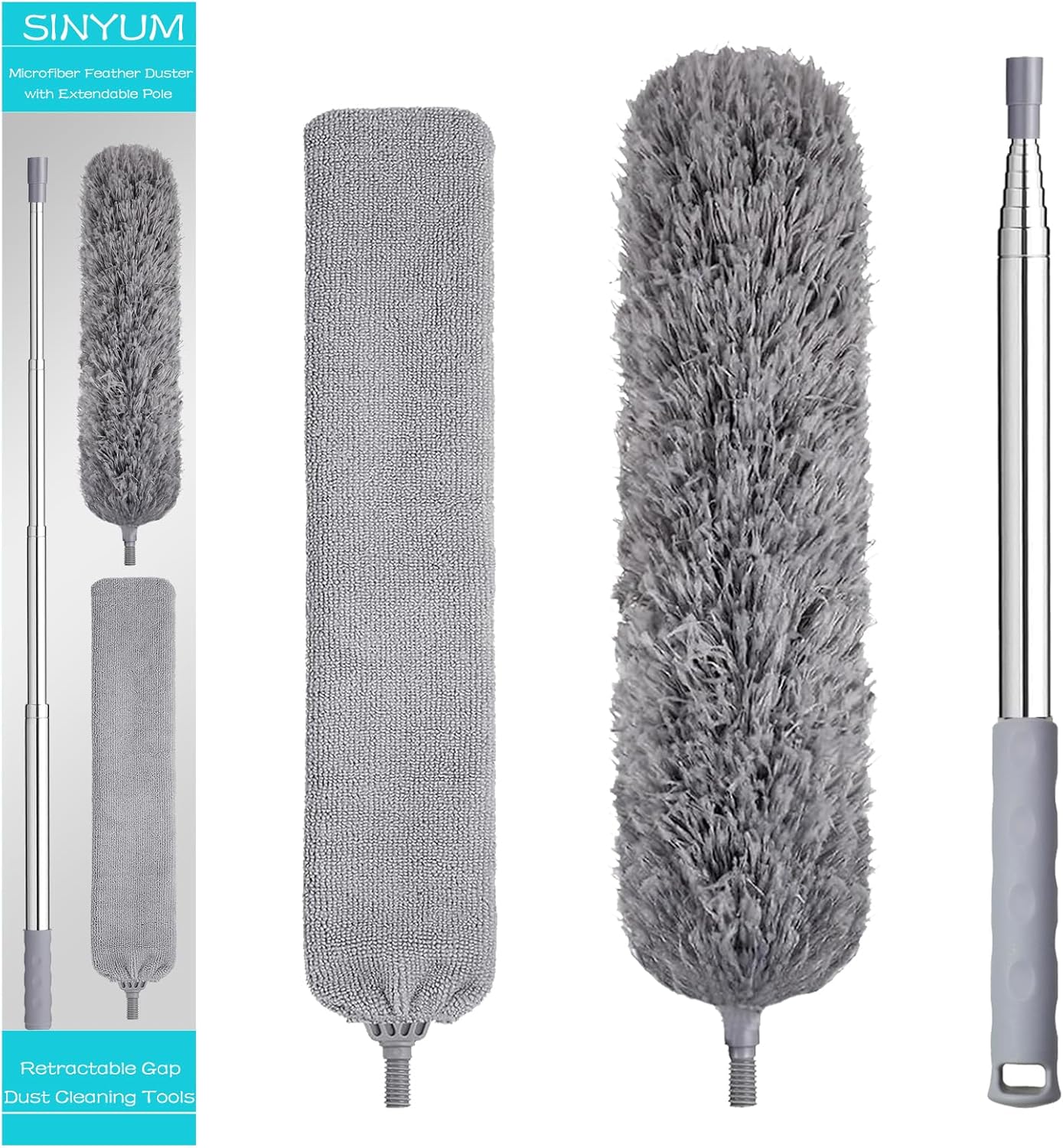 100 Inch Retractable Gap Dust Cleaner Cleaning Tools & Microfiber Feather Duster Washable and Retractable Duster Brush for Cleaning Under Appliances Furniture Ceiling Fan Dust and Cobweb Cleaner
