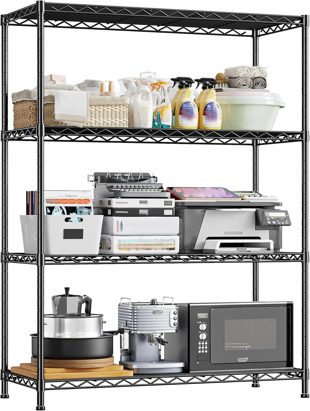 4- Shelf Metal Shelving Unit Adjustable Storage Shelves Heavy Duty Garage Shelving Steel Wire Shelving for Laundry Bathroom Kitchen Pantry Closet Garage Black, 35.6Wx16Dx54H