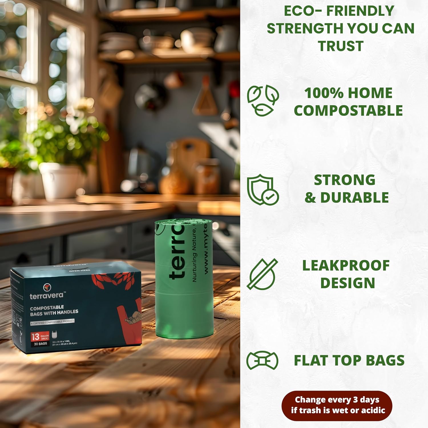 Compostable Trash Bags Bin Liners | BPI & OK Home Certified ASTM D6400 Standards | Heavy Duty Kitchen & Yard Waste Bags (13 Gallon Flat Top, 50 Count)