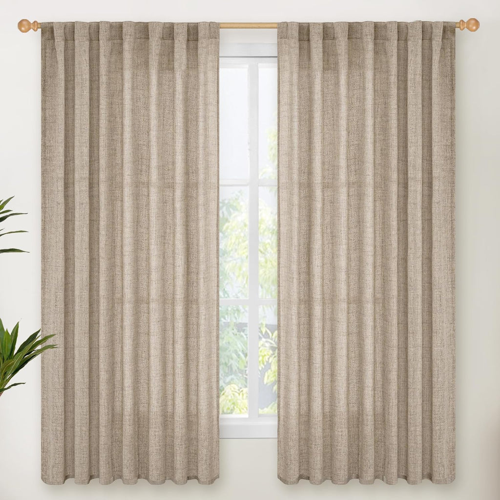 YoungsTex Dark Oatmeal Linen Curtains 63 Inch Length for Living Room, Semi Sheer Light Filtering Window Drapes Extra Wide Rod Pocket Back Tab Curtain for Bedroom, 2 Panels, 60 X 63 Inch