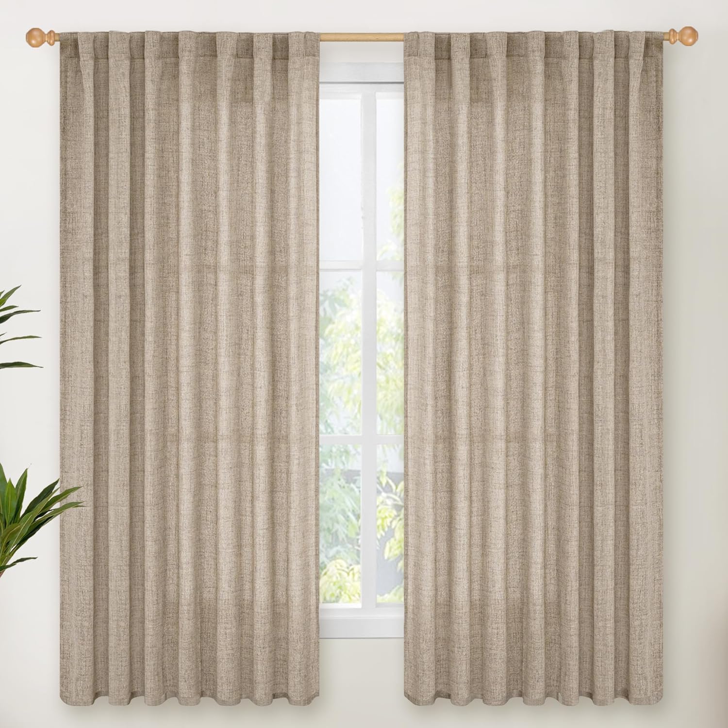 YoungsTex Dark Oatmeal Linen Curtains 63 Inch Length for Living Room, Semi Sheer Light Filtering Window Drapes Extra Wide Rod Pocket Back Tab Curtain for Bedroom, 2 Panels, 60 X 63 Inch