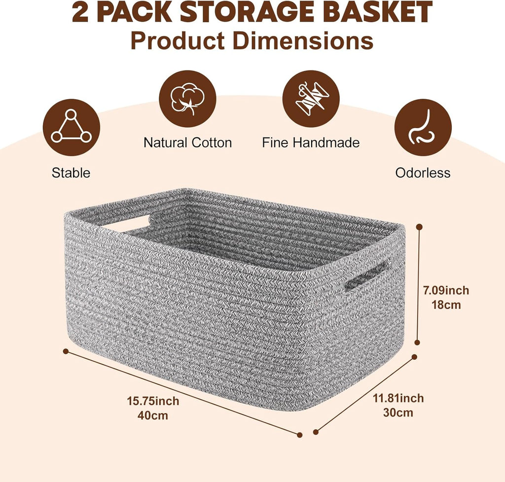 OIAHOMY Storage Basket for Shelves, Closet Cube Storage Bins Baskets for Clothes Blanket Towels, Baby Nursery, Toy Baskets Box, Woven Rope Basket, 15.75*11.81*7.09 IN, 2 Packs Grey