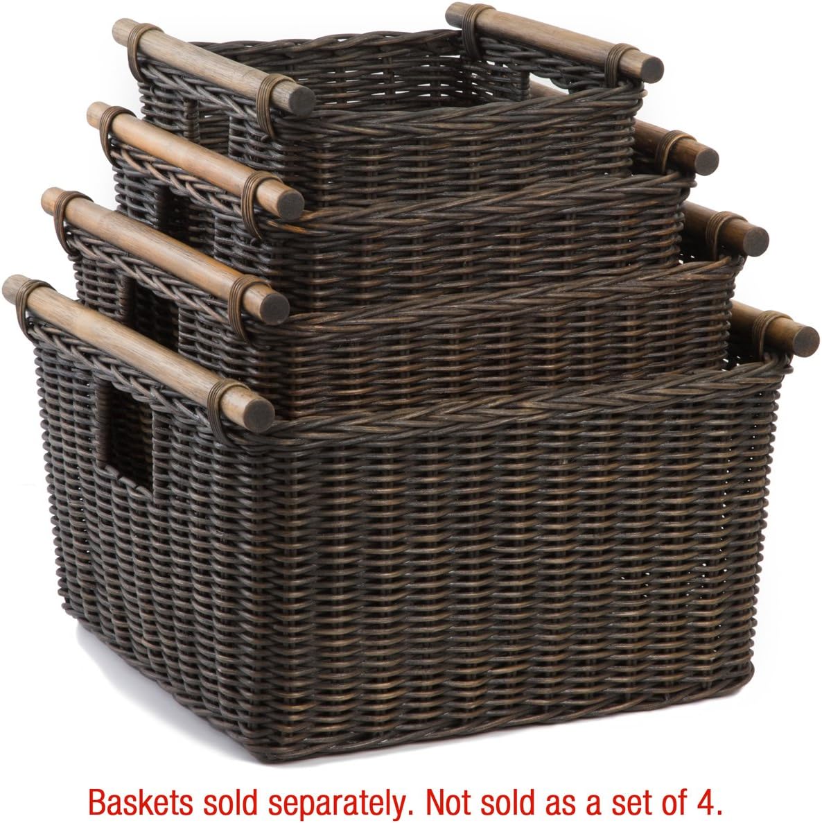 The Basket Lady Deep Pole Handle Wicker Storage Basket, Large, 15 in L x 15.5 in W x 9.5 in H, Antique Walnut Brown