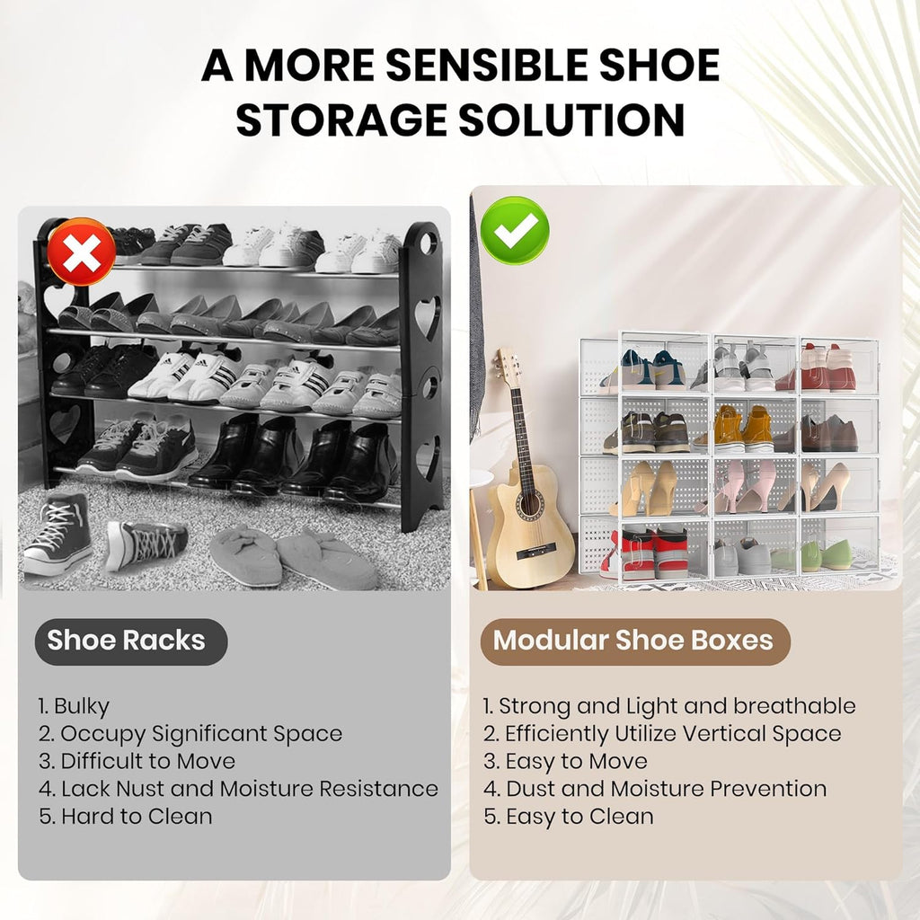 12 Pack XX-Large Modular Clear Plastic Stackable Shoe Storage Organizer for Closet, Space Saving Versatile Sneaker Shoe Rack Containers Bins Holders, Portable Closet Organizers and Storage, White