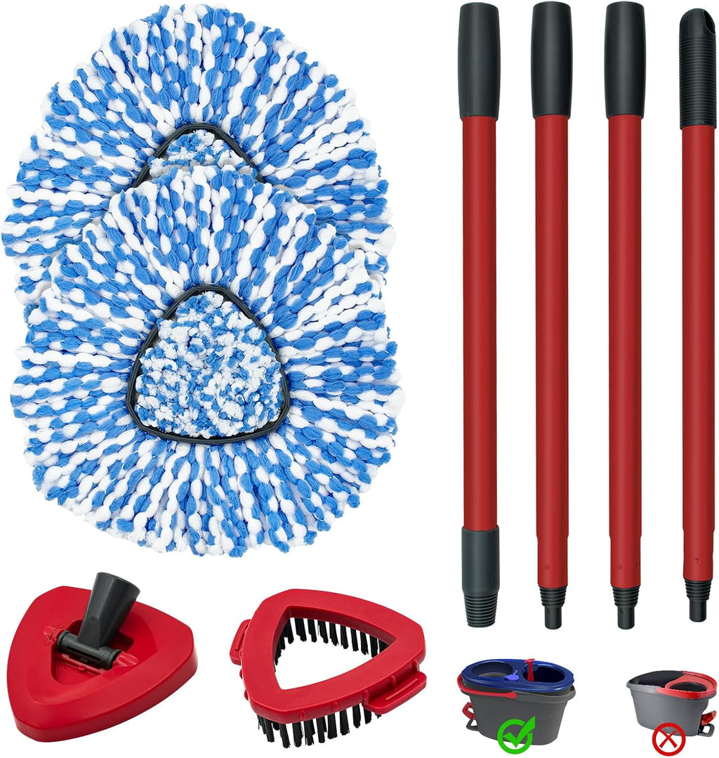 Spin Mop Handle,Mop Heads Replacements,Scrubber Mop Head and Mop Base Compatible with O-cedar RinseClean 2-Tank Spin Mop System,Mop Handle and Head Replacement Combo Set for Wet Dry Use Floor Cleaning