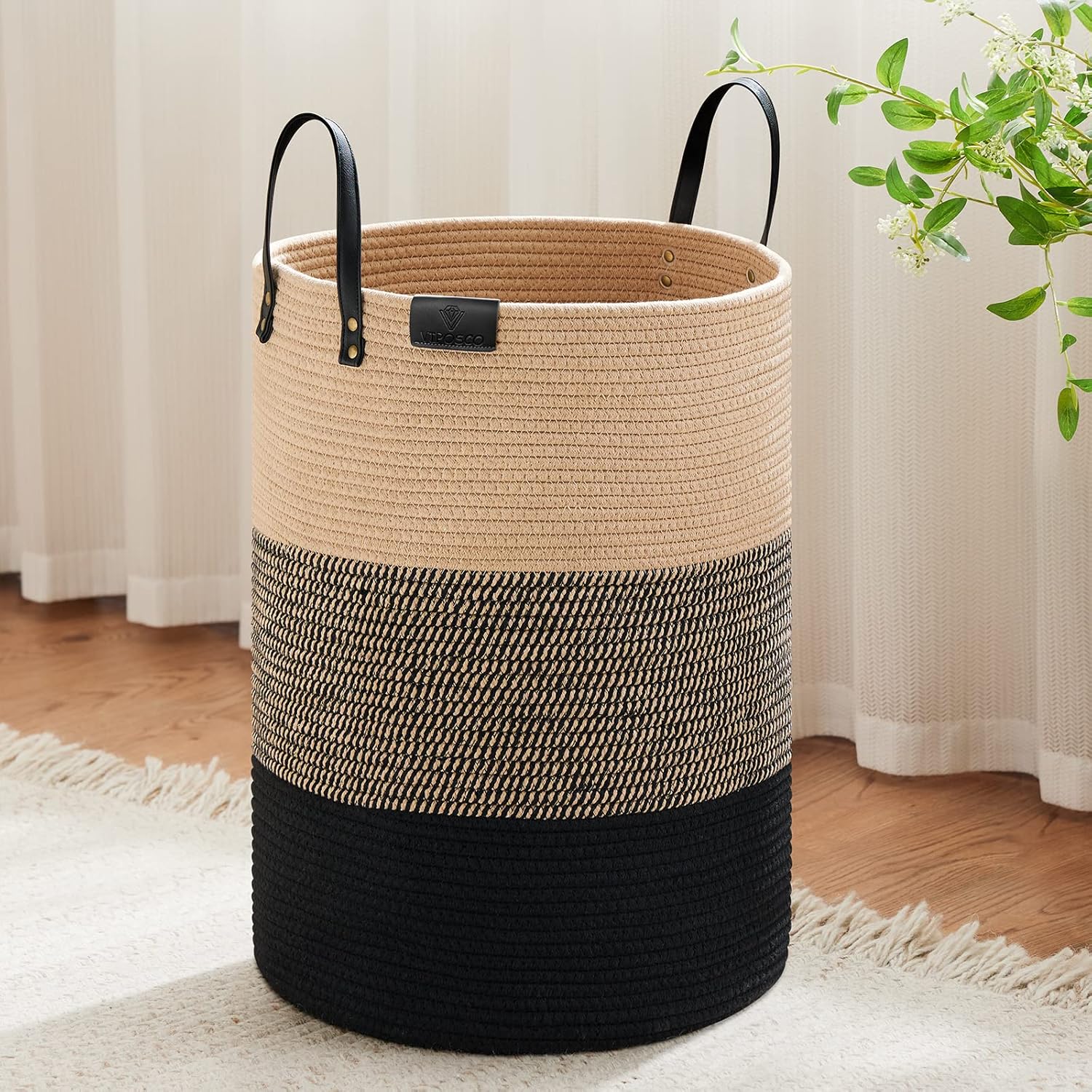 VIPOSCO Tall Laundry Basket, Large Dirty Clothes Hamper with Leather Handle, Woven Rope Storage Basket for Blanket, Toy In Living Room, Bathroom, Bedroom - 72L Brown & Black