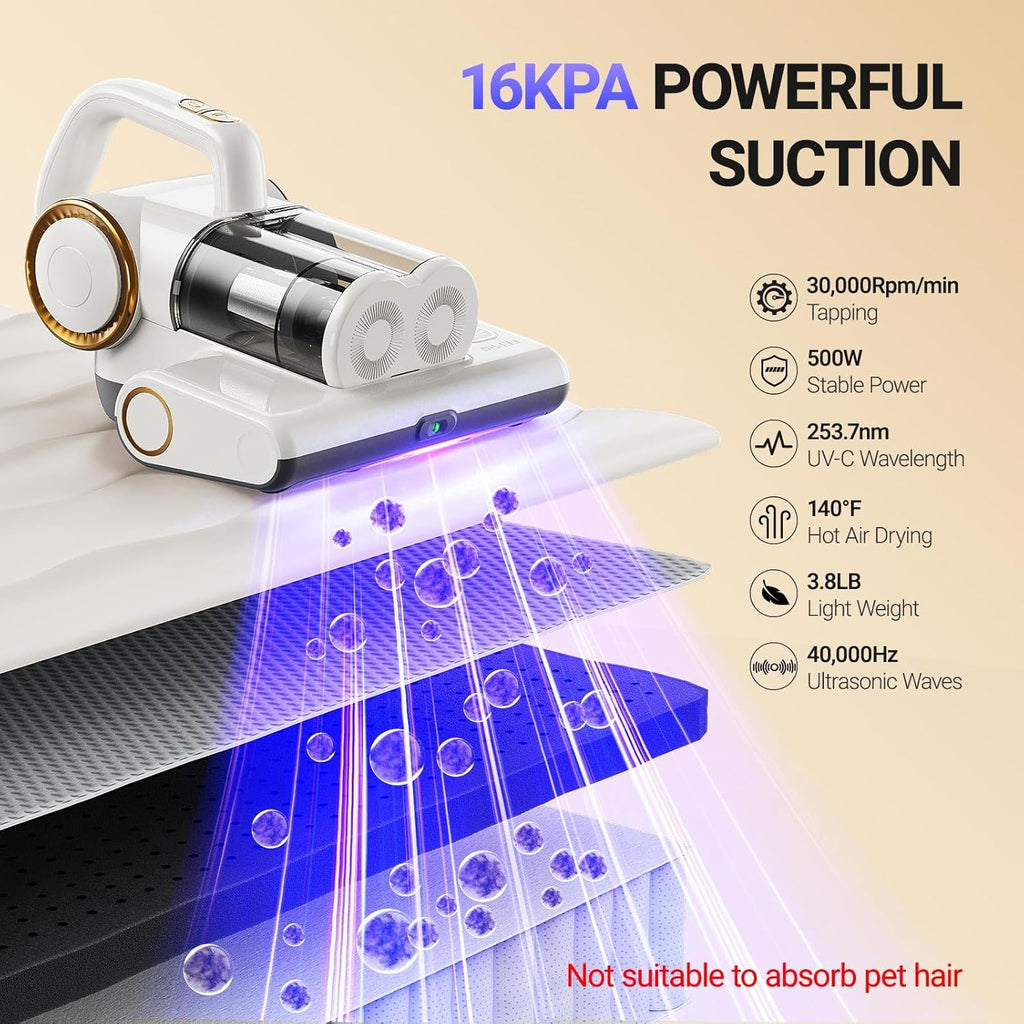 FEPPO Mattress Vacuum Cleaner, 16Kpa Bed Vacuum Cleaner with 253.7nm UV-C Light, 140°F Heat, HEPA Filter & Ultrasonic, Versatile Handheld Vacuums for Bed, Sofa, Couch, Crib(Corded, 500W)
