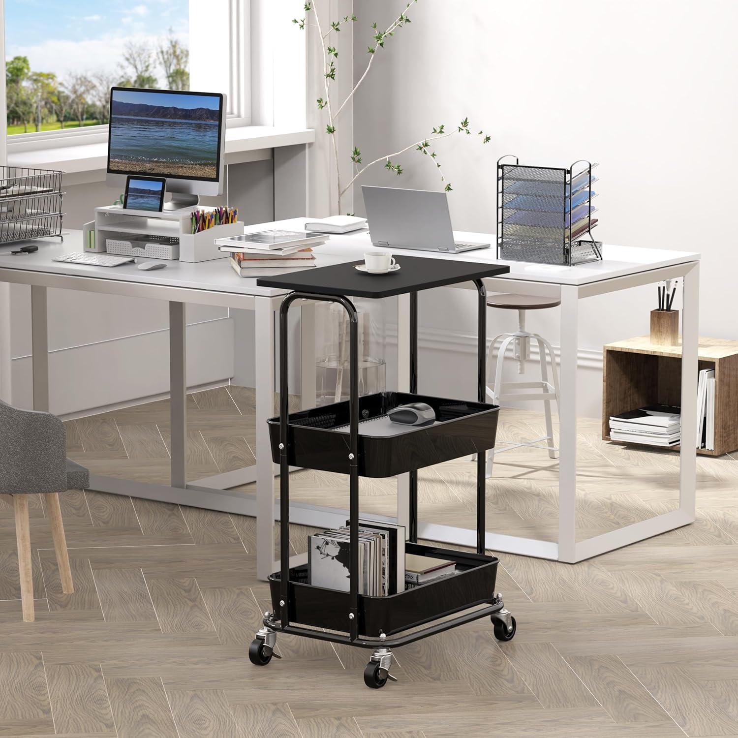 Simple Houseware 2-Tier Rolling Utility Cart with Lockable Wheels and Wood Top, Metal Storage Organizer Trolley for Kitchen, Bathroom, Office, Craft Room, Black