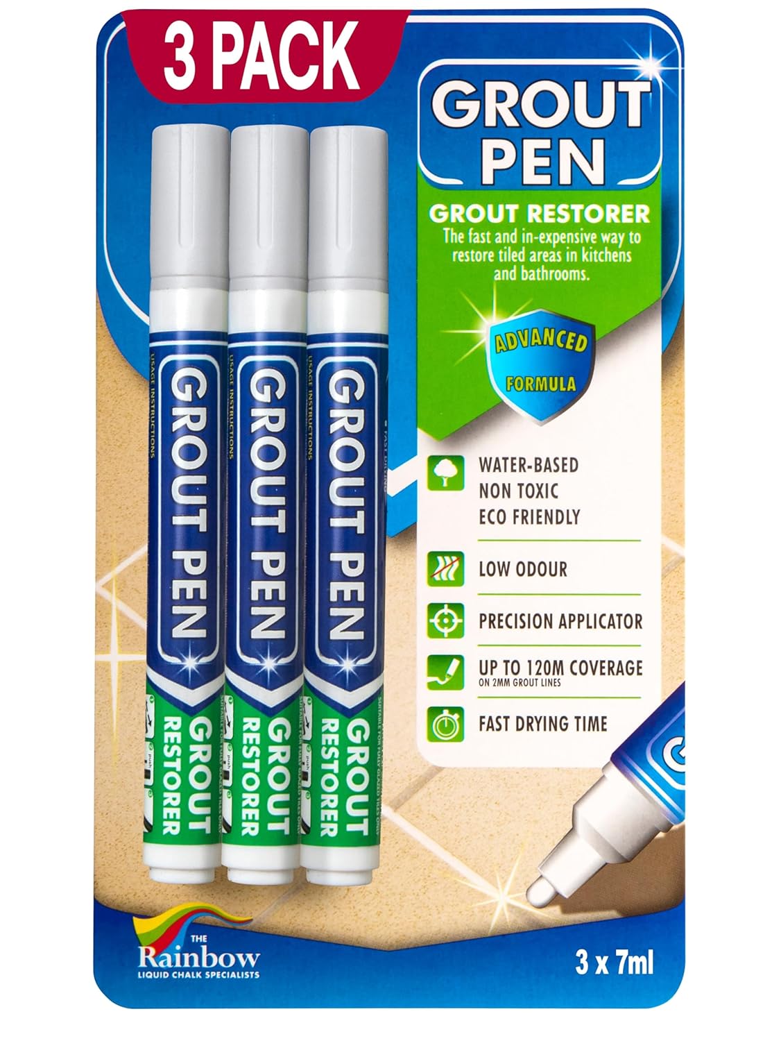 Grout Pen Light Grey Tile Paint Marker: Waterproof Grout Paint, Tile Grout Colorant and Sealer Pen - Light Grey, Narrow 5mm Tip (7mL) - 3 Pack
