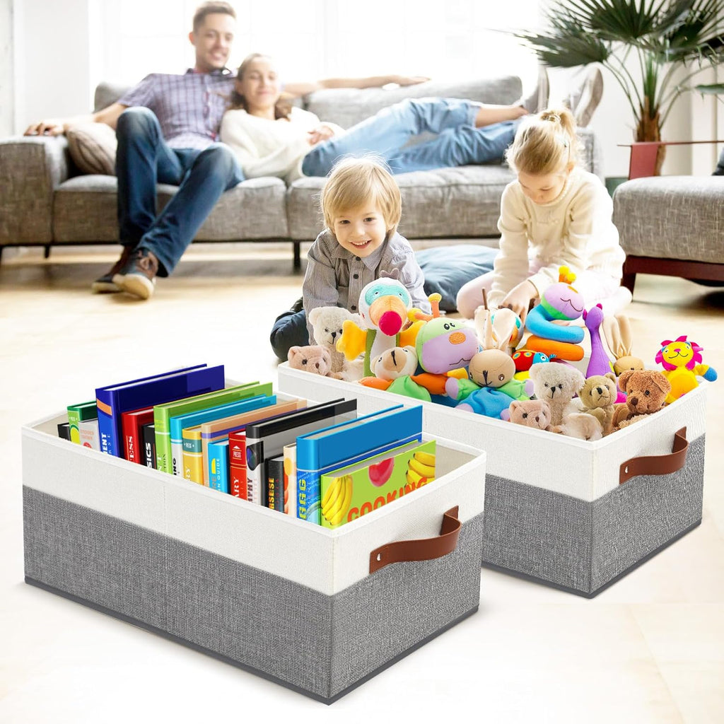 6 Pack Closet Storage Bins, Storage Baskets for Shelves, Linen Closet Organizers and Storage with Leather Handles for Clothes,Towels, Sheets, Jeans, Toys, Books (Grey and White)