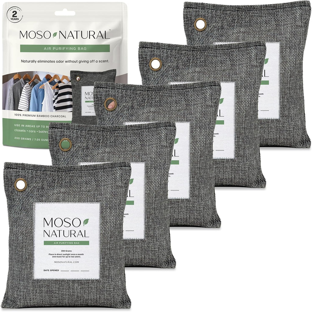 Moso Natural Air Purifying Bag 200g (5 Pack) Bamboo Charcoal Odor Absorber for Home & Car | Closet Odor Eliminator, Small Room Deodorizer & Car Air Freshener | Long Lasting Charcoal Bags Cover 90sqft