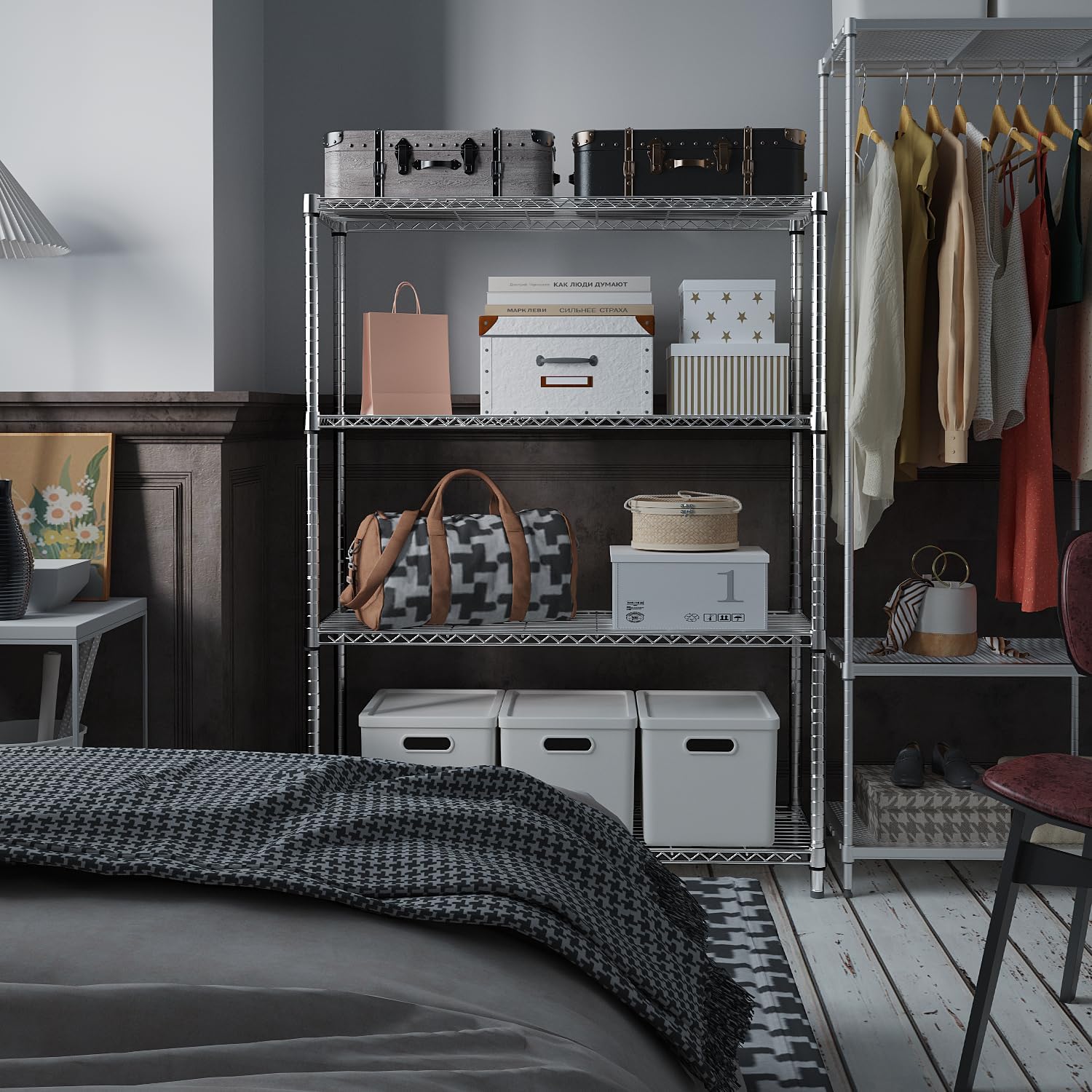 IZEUK 1400 LBS Garage Chrome Shelving Wide Storage Shelves 4 Tier Adjustable Heavy Duty Metal Wire Rack Standing Shelf Unit for Kitchen Office College Dorm Garage Warehouse 15.8" x 45.8"x 59.4"