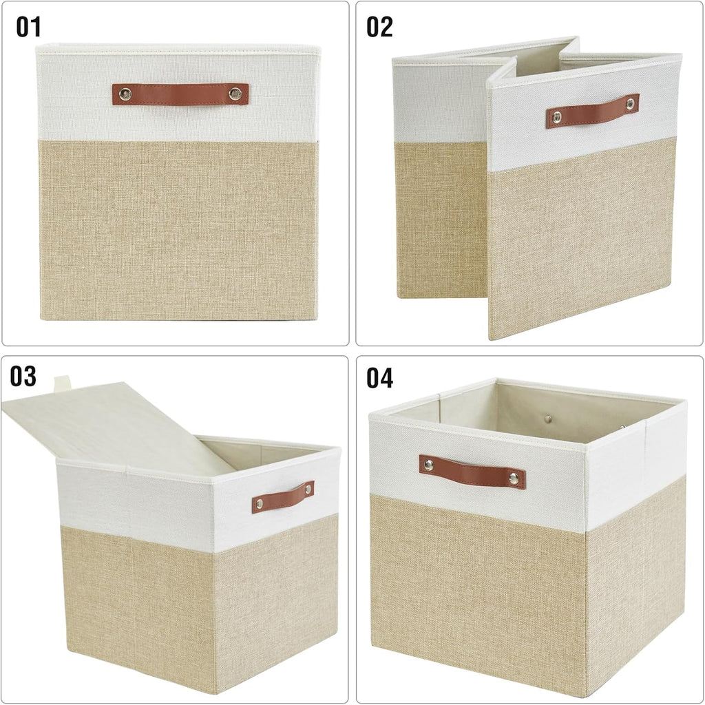 Collapsible Fabric Storage Cube Bins with 2 Reinforced PU Handles, Foldable Storage Organizer Baskets for Closet, Shelves, Living Room | 13"x13"x13", 4 Pack, Beige & White